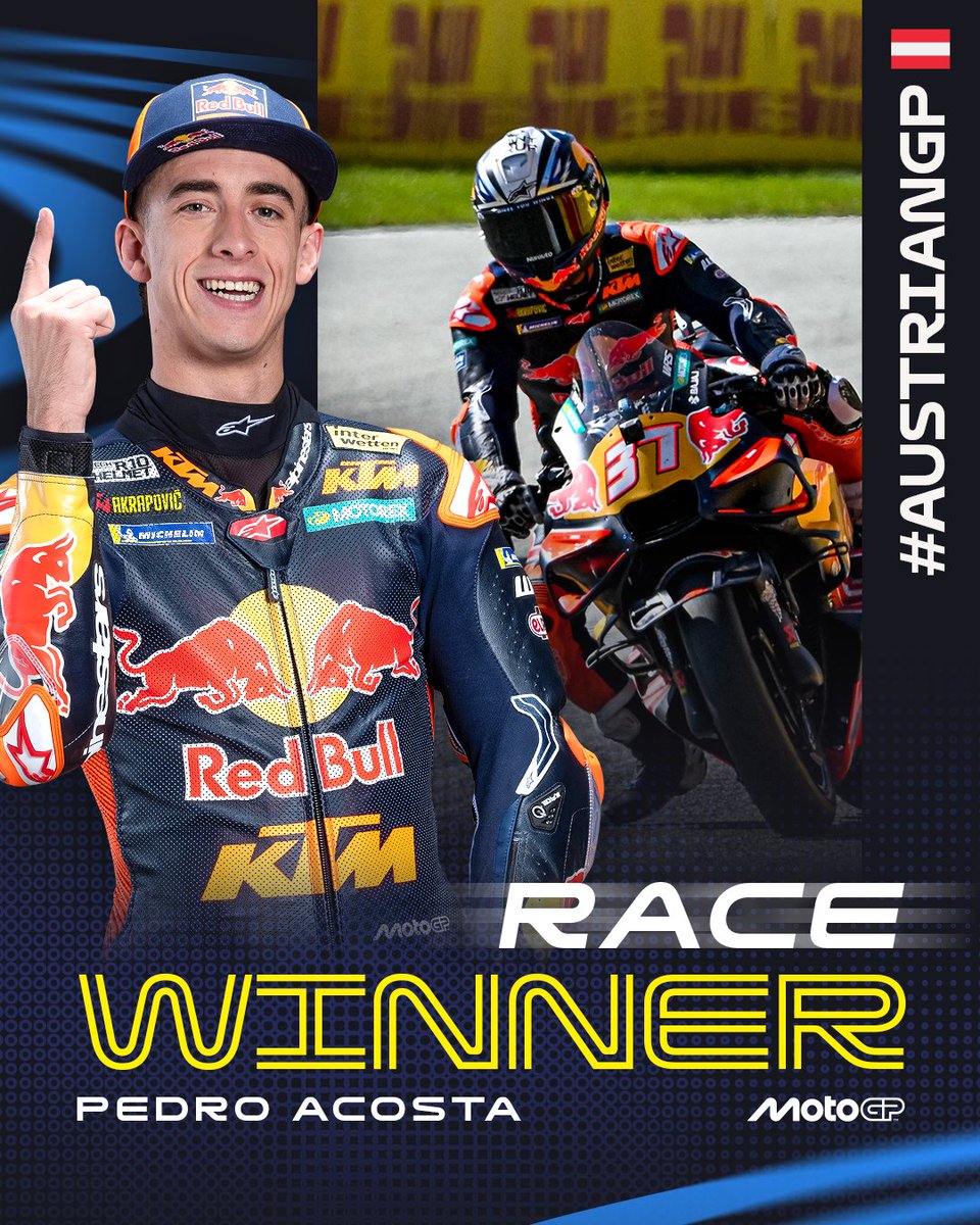 ausmotogp's tweet photo. Pedro Acosta is FINALLY a #MotoGP Grand Prix winner! 🏆

56 races and countless podiums later, the Spaniard is officially part of the winners club 👏

#AustrianGP https://t.co/96VfyriW0Q