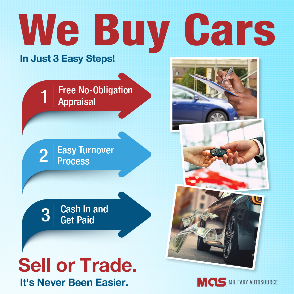 MirnaEchelu9's tweet photo. Let’s make a deal! We buy used cars, trucks, and SUVs. As the only DoD-authorized military car-buying program, we offer quick appraisals, trade assistance, and fast cash. https://t.co/PX3tc4Zlyp
