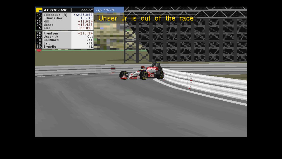 Gp2Joey's tweet photo. 19/5/1996
#F1 Rd6/16 #MonacoGP
Lap 51/78
🟨YELLOW FLAG
⚡️UNSER JR OUT

A decent run comes to an end for #UnserJr as the American is sent into retirement with an electrical fault in the #Andretti-#Ford...
#RetroF1 #Retrogaming #Formula1 #GrandPrix https://t.co/eaC0HDMB5e