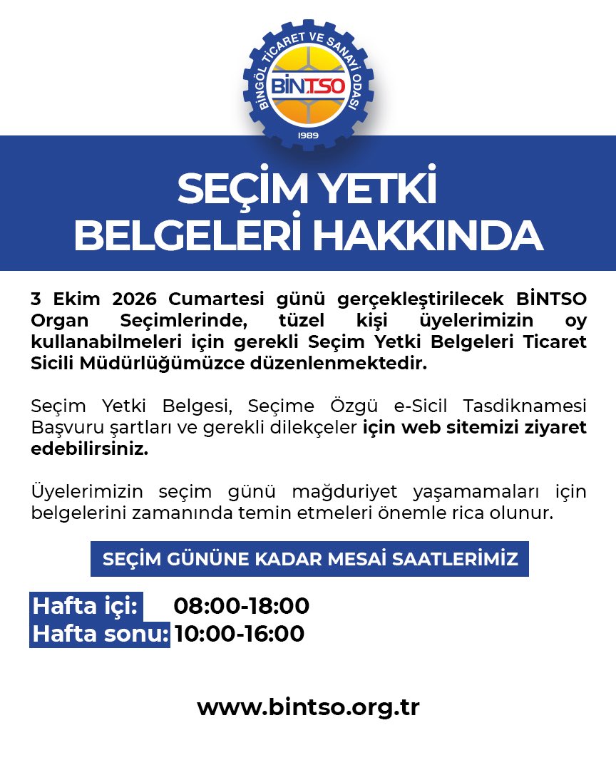 bingoltso's tweet photo. 📢 SEÇİM YETKİ BELGELERİ HAKKINDA ÖNEMLİ DUYURU

3 Ekim 2026 Cumartesi günü gerçekleştirilecek BİNTSO Organ Seçimlerinde tüzel kişi üyelerimizin gerçek kişi temsilcileri, oy kullanırken;

🔹 Ticaret Sicili Müdürlüğünden alınmış Seçim Yetki Belgesi veya
🔹 Elektronik ortamda alınmış Seçime Özgü e-Sicil Tasdiknamesi

ibraz etmelidir.

💻 BELGENİZİ ONLİNE ALABİLİYORSANIZ MÜDÜRLÜĞE GELMENİZE GEREK YOK!

Münferit temsil yetkisine sahip tek temsilcisi bulunan tüzel kişiler, Seçime Özgü e-Sicil Tasdiknamesini MERSİS’e e-Devlet şifresiyle giriş yaparak elektronik ortamda temin edebilir.

Bu şartları taşıyan üyelerimizin, Ticaret Sicili Müdürlüğümüzde oluşabilecek yoğunluğun azaltılması ve işlemlerin daha hızlı yürütülebilmesi amacıyla öncelikle elektronik ortamdan belge almalarını önemle rica ediyoruz.

📌 Kimlerin Ticaret Sicili Müdürlüğüne başvurması gerekir?

• Müşterek yetkiye sahip temsilcisi bulunan tüzel kişiler,
• Münferit yetkiye sahip birden fazla temsilcisi bulunan tüzel kişiler,
• Şubeler,
• Elektronik ortamda Seçime Özgü e-Sicil Tasdiknamesi düzenlenemeyen diğer tüzel kişi üyelerimiz.

Bu üyelerimiz ıslak imzalı dilekçe ile Bingöl Ticaret Sicili Müdürlüğümüze başvurabilir.

👤 Gerçek kişi ticari işletme sahiplerinin ayrıca Seçim Yetki Belgesi almasına gerek yoktur. Gerçek kişi tacirler, T.C. kimlik numaralı kimlik kartlarıyla oy kullanabilir.

🕗 Seçim gününe kadar çalışma saatlerimiz:
Hafta içi: 08.00–18.00
Hafta sonu: 10.00–16.00

Seçim Yetki Belgesi başvuru şartları, gerekli dilekçeler ve ayrıntılı bilgi:

🔗 https://t.co/40hAlkmECt

Seçim Yetki Belgesi ve Seçime Özgü e-Sicil Tasdiknamesi için herhangi bir harç veya hizmet bedeli alınmamaktadır.

Üyelerimizin seçim günü mağduriyet yaşamamaları için gerekli belgelerini son güne bırakmadan temin etmeleri önemle rica olunur.

Bingöl Ticaret ve Sanayi Odası
