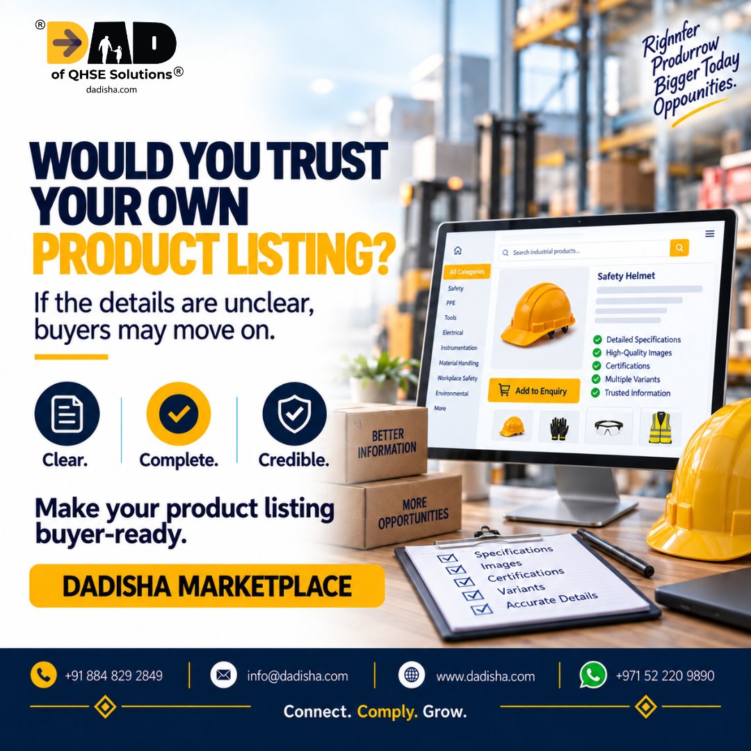 DadishaMarket's tweet photo. Would you trust your own product listing? 👀

If details aren’t clear, buyers may move on.

Clear. Complete. Credible.

Make your listing buyer-ready.

Dadisha Marketplace
https://t.co/wHNkOjc3V2
#DadishaMarketplace #B2B #IndustrialProducts #QHSE https://t.co/vtfdNEd4Gj