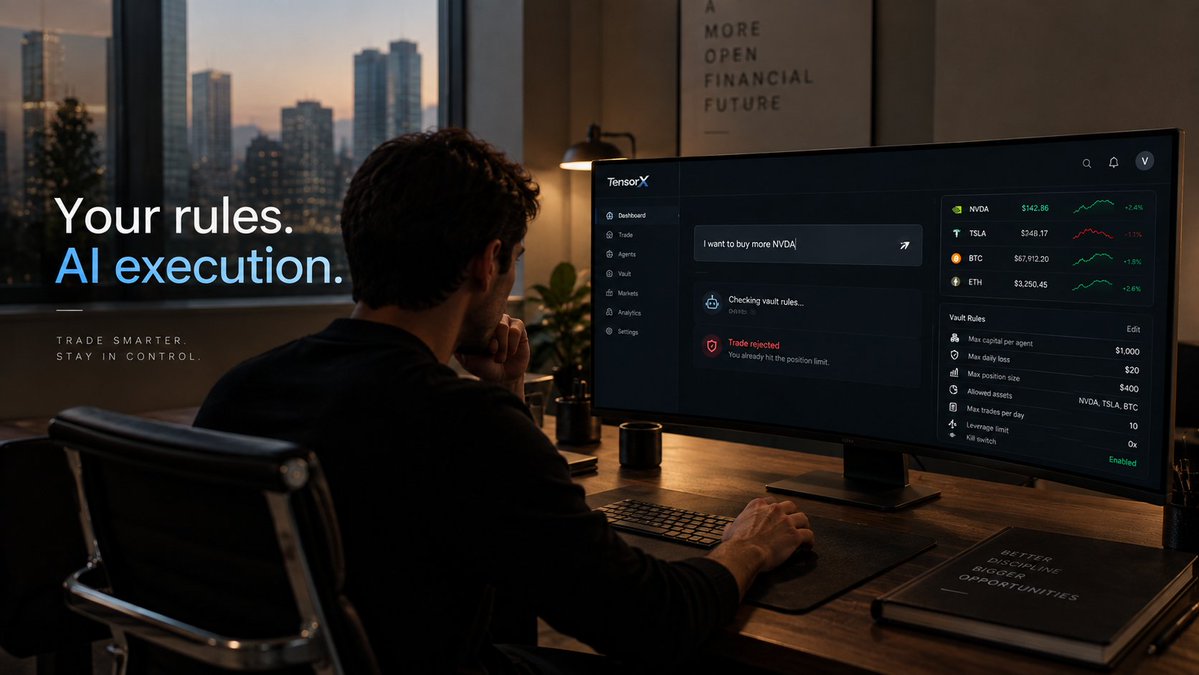 TensorX_Tech's tweet photo. An AI agent with unlimited access to your money is not the product we want.

Tensor X uses a guardrail vault.

You can define things like:

• Maximum capital per agent
• Maximum daily/weekly loss
• Maximum position size
• Allowed assets
• Maximum trades per day
• Leverage limits
• Instant kill switch

And these rules are enforced by the vault.

👉 Example:

Agent: "I want to buy more NVDA."
Vault: "You already hit the position limit."
Trade rejected.
The AI can make the decision.

The vault decides whether that decision is allowed.