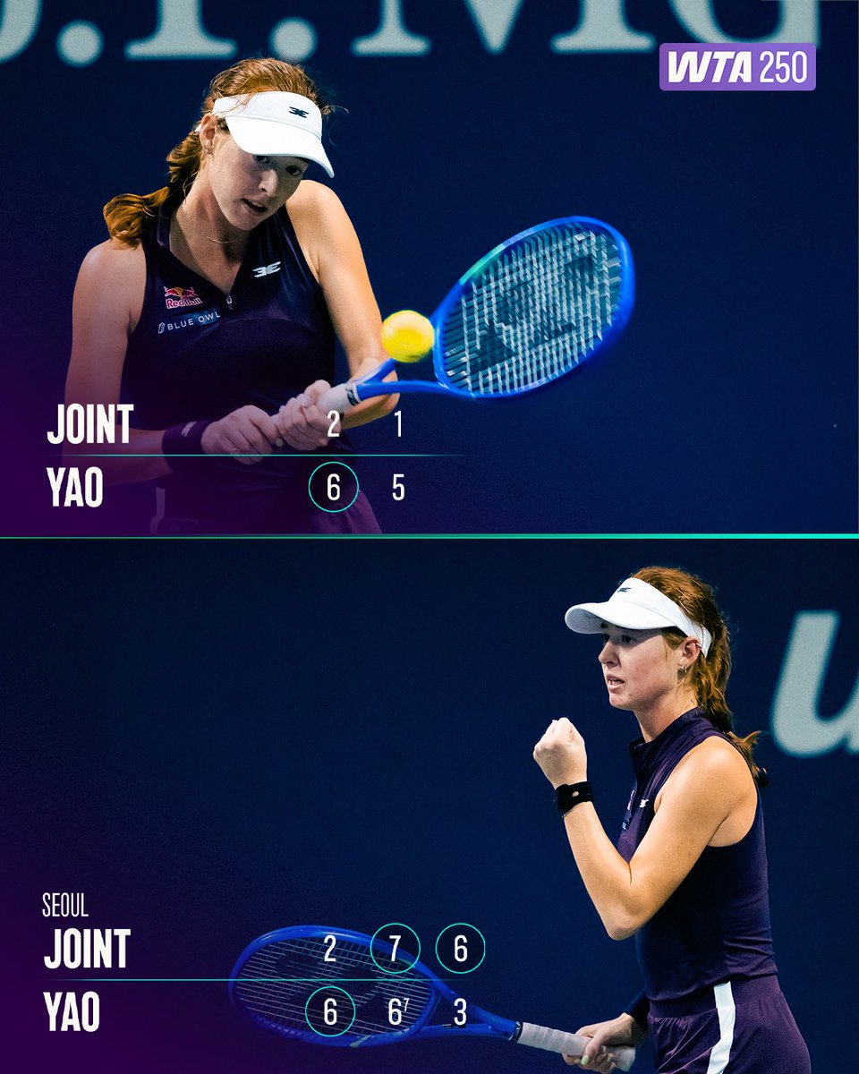 WTA's tweet photo. WHAT A COMEBACK ✨

Maya Joint battles back to turn the tide against Yao and advance in Seoul.

#KoreaOpen https://t.co/J6Hx9fPLXS