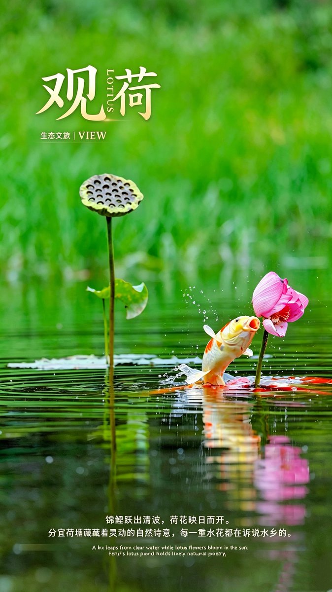 beautifulfenyi's tweet photo. 一池碧翠，荷风轻漾。
锦鲤跃出水面，
与粉荷相映成趣，
灵动的一瞬，
定格分宜水乡独有的自然诗意。
#江西分宜 https://t.co/LkPs7mXksU