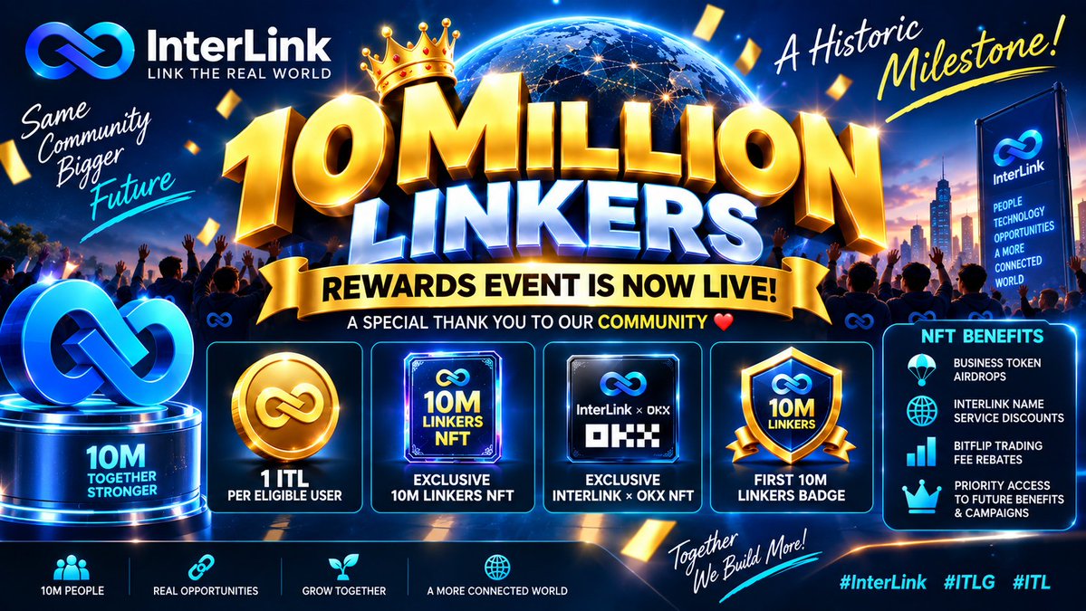 Muhamma41798410's tweet photo. 🚀 10 MILLION LINKERS — A Historic InterLink Milestone! 🎆
The 10M Linkers Rewards Event is LIVE! 🔥
Eligible Linkers can unlock: 💎 1 ITL
🪪 Exclusive 10M Linkers NFT
🤝 InterLink × OKX NFT
🎁 First 10M Linkers Badge
NFT holders may also get access to ecosystem benefits, token airdrops, discounts, BitFlip fee rebates & future campaigns.
🔐 Eligibility includes: ✅ KYC Step 1
✅ Registered before Aug 1, 2026
✅ Hold 10,000+ ITLG at distribution
⏳ Claim before Oct 12, 2026 — 23:59 UTC
🔗 https://t.co/A2JRGg6xM0
#InterLink #ITLG #ITL
