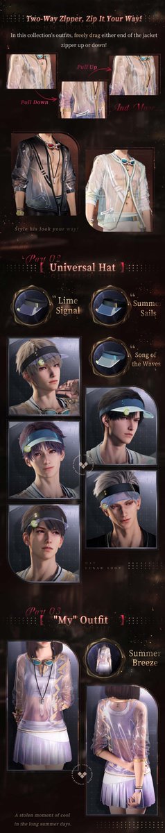 Love_Deepspace's tweet photo. New Arrivals in [Lunar Shop]
New Outfits and Accessories and cumulative rewards from past solo Limited Wish Pools will be permanently available in Lunar Shop!
New Interactive Outfit. Style his look your way!

💫In-Store At: 05:00, Sept. 22 (Server Time)
After 05:00 on Sept. 22 (server time), Go to [Shop > Exchange > Lunar Shop].
New Outfits and Accessories, and the cumulative rewards accessories and Photo Poses in previous solo Wish Pools will be permanently available in Lunar Shop!
Use [Lunar Emblems] to exchange for these items!

💫New Outfits and Accessories
✨His New Interactive Outfit is now available!
Two-Way Zipper, Zip It Your Way. In this collection's outfits, freely drag either end of the jacket zipper up or down. Style his look your way!
✨Buy each love interest's outfit and claim a matching universal hat as a bonus. Both you and he can wear it after the purchase.
↓Tap the image below to check out more outfit arrivals. Actual effects may vary in-game.

💫Cumulative Rewards from Past Solo Limited Wish Pools
Universal Accessories: [Dynamic Hairband], [Serene Dreams], [Silver Boundary], [Trendy Vintage Hat], [Marked by Love]
General Photo Poses: [Warm Embrace], [Silent Spark], [Close Behind], [Sweet Allure], [The Calmnest]

💫Exchange Note:
Rank Up 5-Star Lunar-Slot Memories to obtain [Lunar Emblems].
Use [Lunar Emblems] at Lunar Shop to buy Outfits, Accessories, Photo Poses, Stickers, and more!
———
🪐Official Discord: https://t.co/hKmnBAbbgu
🪐Download and Log in Now: https://t.co/bNEP8yM6bZ
#LoveandDeepspace #ANightThatNeverEnds