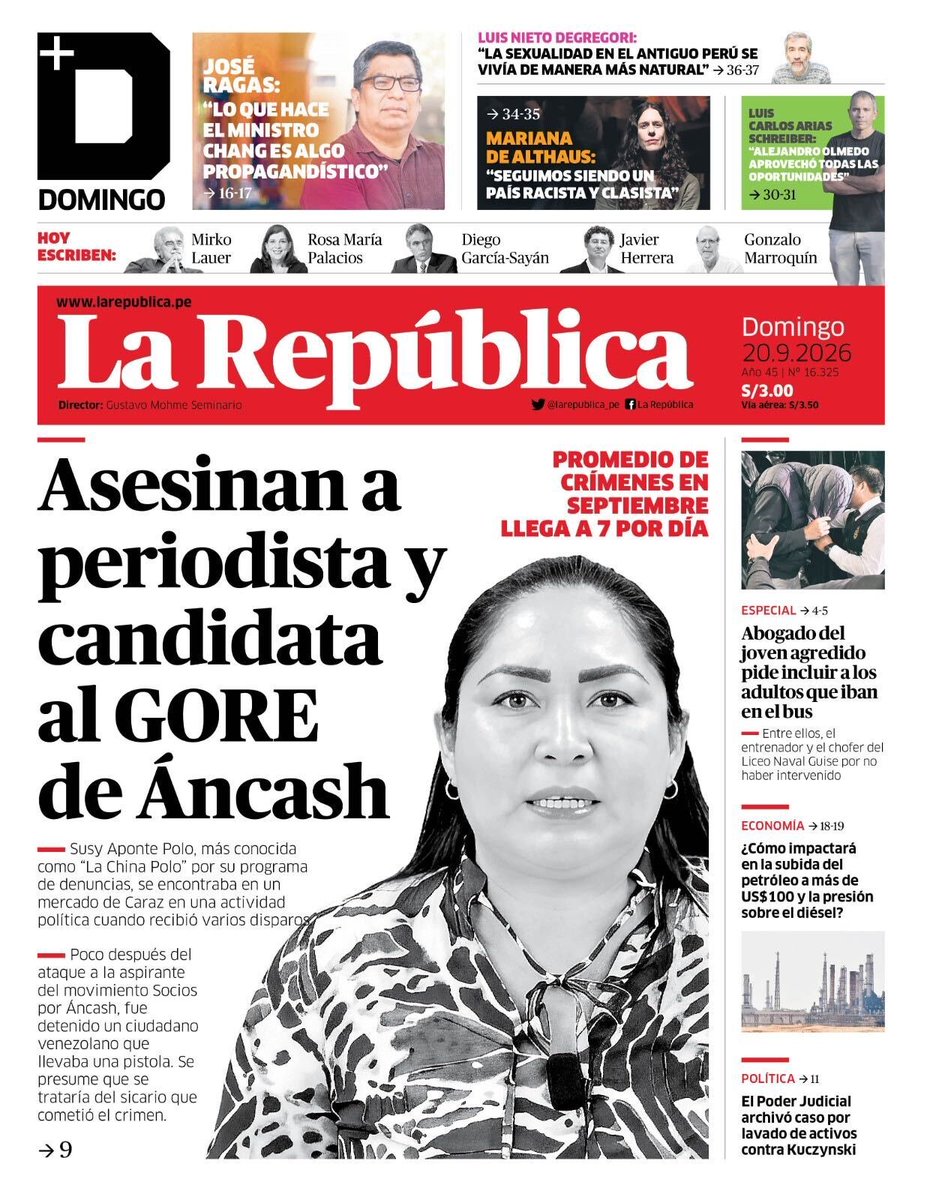 YuriCS007's tweet photo. MATARON LA VERDAD
Con sus excesos, polémicas y todo, la China Polo era una periodista y su caso debe ser como tal. Mataron la verdad.  Y, desde Lima, no se debe ver como esto ocurrió en "provincia" o "al interior del país". Muy bien hoy La República de llamarla "periodista". https://t.co/CCls9t96s4