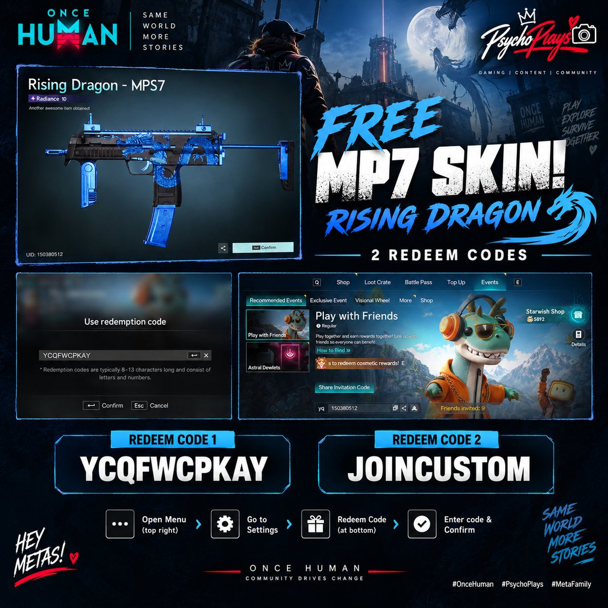 Eiga_psYch022's tweet photo. 🔥 FREE MP7 SKIN in Once Human! 🐉

🎟️ YCQFWCPKAY

🎟️ JOINCUSTOM

Don’t miss it, Metas! 👀🔥
#OnceHuman #OnceHumanCC #OnceHumanCodes #Gaming #PsychoPlays

#OnceHuman #ワンスヒューマン #VirtualPhotography #OnceHumanCC #VPLab #pveshresth #psYch0plays https://t.co/d4avKsxW6u