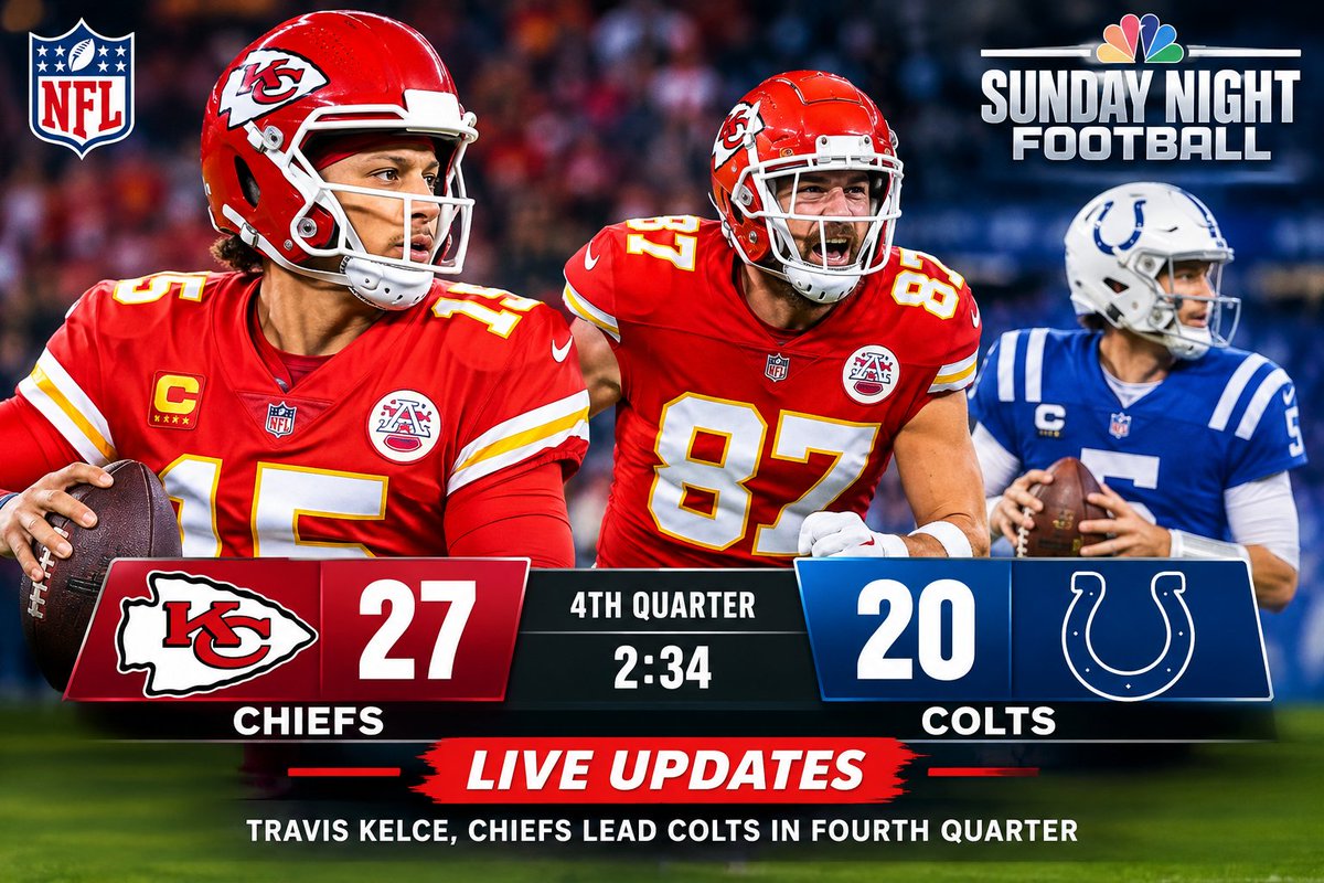 Riyat4dz's tweet photo. 🚨 Chiefs lead the Colts 27-20 late in the 4th quarter! Patrick Mahomes has 3 TDs, while Travis Kelce has 7 catches for 73 yards and a TD. Indianapolis is driving for a potential comeback. 🏈🔥
https://t.co/9sWYDx4lno

#NFL #Chiefs #Colts #TravisKelce #foryou https://t.co/Oo3SOBKX1m
