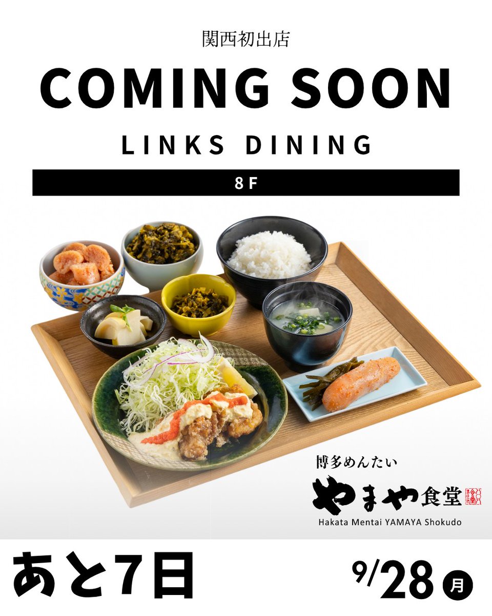 LinksUmeda's tweet photo. LINKS UMEDA 8F #やまや食堂
が9/28（月）にニューオープン📣

関西初出店‼️
15種類の主菜から選べる定食に、
168時間じっくり熟成させた自慢の明太子🫶
明太子、ご飯、からし高菜はおかわり自由😆

オープンまでお楽しみに🥳 https://t.co/FcyiCwQ5Ci