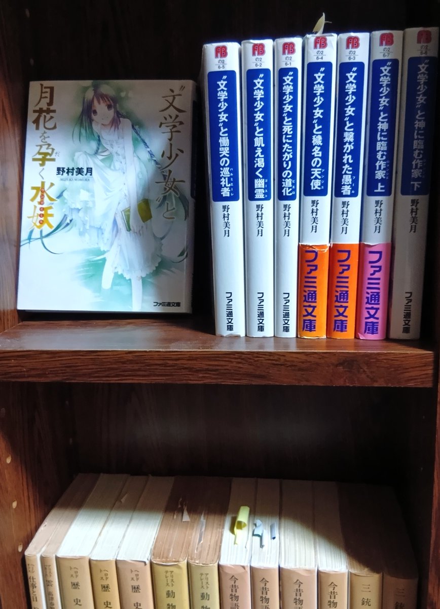 ayanakajima3's tweet photo. 昨日も本棚の整理にあけくれた。ライトノベルは、野村美月さんの文学少女シリーズを残して、全部整理することにした。このシリーズは、世界中で高い評価を受けていると聞くが、たくさんの作家志望者がこの本に勇気づけられたのを目にした。僕もそうだった。 https://t.co/gPrzAyLjUe
