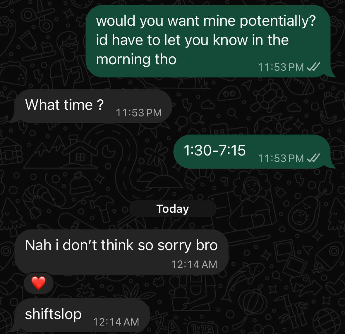 sahib14384912's tweet photo. asked my coworker to cover for me and he called it shiftslop https://t.co/zUJNMkr9u8