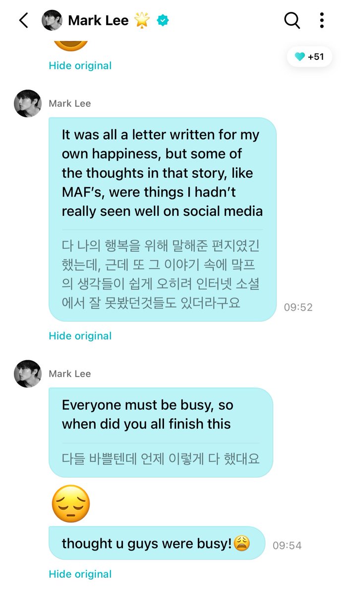 joyfularchives's tweet photo. mark said hes been reading all the letters from markfs last night 🥺

“it really hit me again how surprising and amazing your love and sincerity are..”
“i also got to really feel once again what it means to be a person like me, and to have this job and career”
“and i think i also realized again how hard it must have been for you too”
“i’m not crying”
“U R”
“i got way too serious first thing in the morning”
“and there were actually quite a few markfs who seemed really quiet, but had such deep thoughts, and there were things they could only express through their letters”
“it made me think, oh so there are markfs like this too..”
“you’re really busy right now, aren’t you?”
“😅”
“all the letters were written for my happiness, but within those stories, there were also thoughts from markfs that i hadn’t really seen much on social media before”
“everyone must be busy, so when did you guys even manage to do all this?”
“😔”
“thought u guys were busy!”