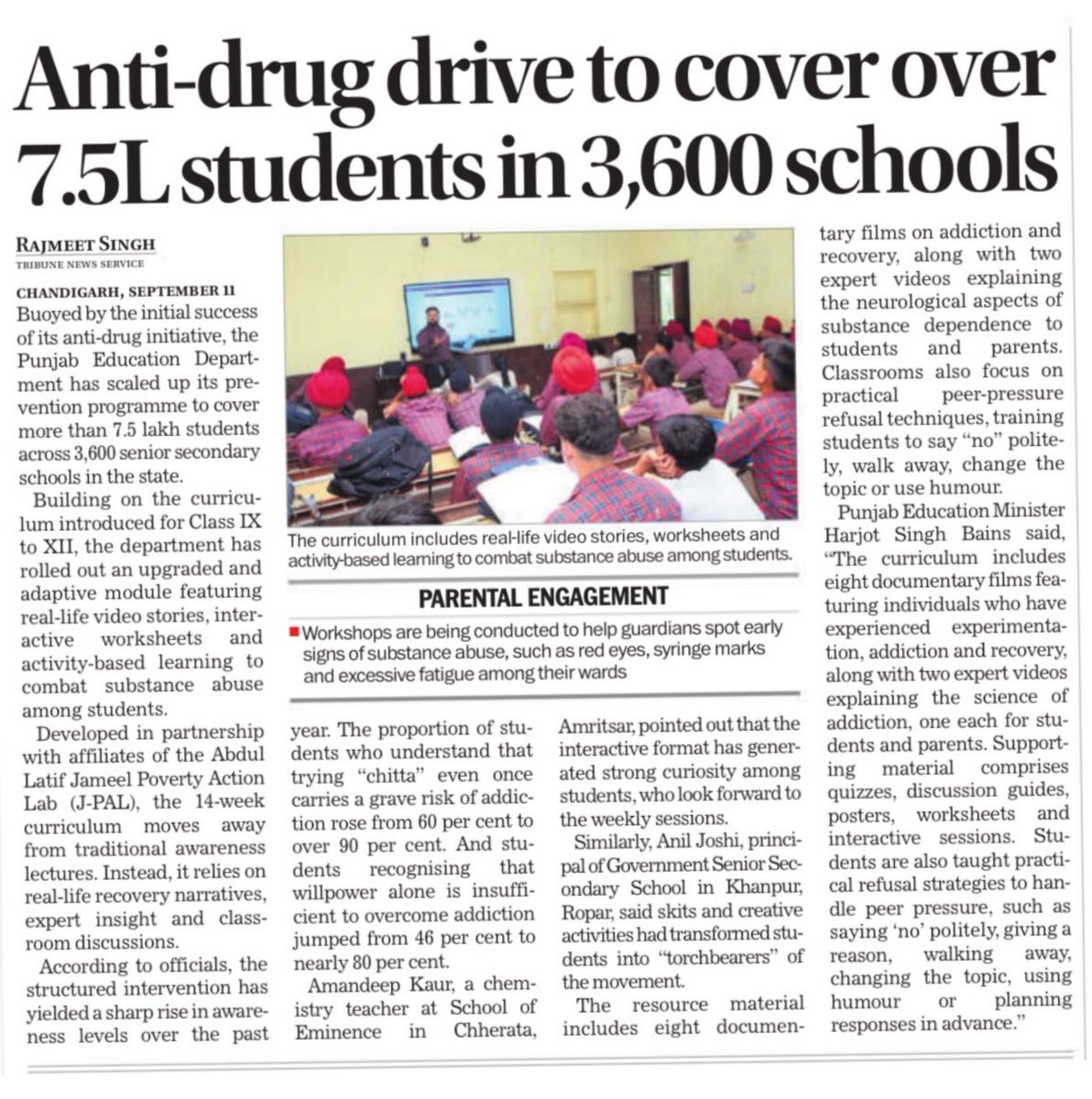 Jasmine441's tweet photo. India’s first ever anti-drug curriculum by @BhagwantMann govt is rescuing an entire generation of children from falling into the trap of drug abuse.

Developed in collaboration with top researchers from MIT’s Poverty Action Lab (J-PAL), the 14-week curriculum has created a deep impact in its very first year.

🎯 The proportion of students who understand that trying “chitta” even once carries a grave risk of addiction rose from 60 per cent to over 90 per cent.

🎯 Students recognising that willpower alone is insufficient to overcome addiction jumped from 46 per cent to nearly 80 per cent.