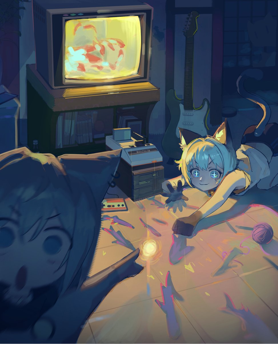 fufuvnmpy's tweet photo. @purelivn Loved that cat‑fish‑shadow video, so I drew this ✨Swapped the fish tank for an old CRT TV https://t.co/fAQDKuKZQs