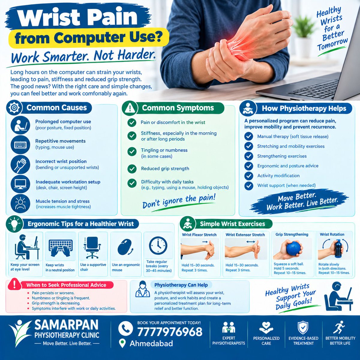 physiotherapy_s's tweet photo. ποΈ Wrist Pain From Computer Use?
Try:
β
Keep wrists neutral
β
Position keyboard & mouse comfortably
β
Avoid prolonged pressure on the wrist
β
Take movement breaks every 30β45 min
β
Add gentle wrist mobility exercises
#WristPain #ComputerWristPain #Ergonomics #WristHealth https://t.co/6RXwLwIfcE