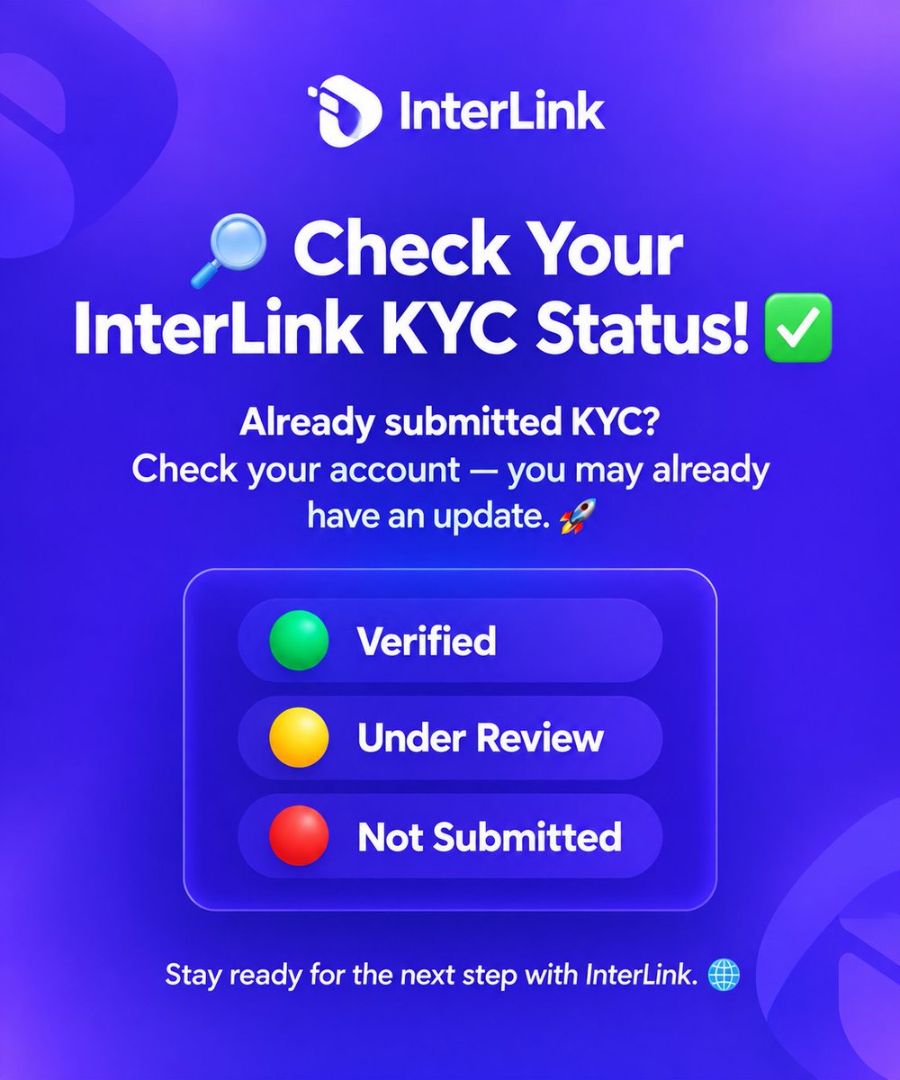 purna20749's tweet photo. π Check Your InterLink KYC Status! β
Already submitted KYC? Take a moment to check your accountβyou may already have an update. π
π’ Verified
π‘ Under Review
π΄ Not Submitted
Stay ready for the next step with InterLink. π
#InterLink #ITL #ITLG #InterLinkKYC https://t.co/whasPxo2dH