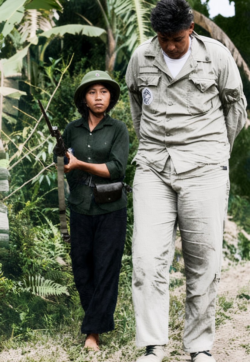 DaniMayakovski's tweet photo. El 21 de Septiembre de 1965, Bill Robinson, Capitán de la Fuerza Aérea de EEUU, de 1,90 metros y más de 100 kilos de peso, era capturado por Nguyen Kim Lai, una guerrillera vietnamita de solo 1,47 metros y apenas 40 kg.

El invasor estadounidense Robinson pasó más de 7 años como prisionero de guerra antes de ser liberado, siendo uno de los prisioneros más longevos en la guerra de Vietnam.

Hoy Nguyen sigue señalando orgullosa la foto de ella capturando al capitán gringo invasor de su pais, una crack.