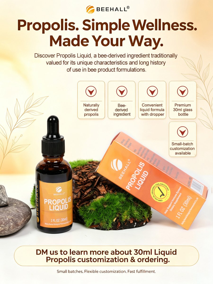 BeehallGroup's tweet photo. Propolis, made simple. 🐝

30ml propolis liquid with a convenient dropper format — designed for brands looking for flexible private-label options.

✔ Custom packaging
✔ Small-batch options
✔ OEM/ODM support

DM to discuss your project. 📩 https://t.co/q3iDRGQXxl
