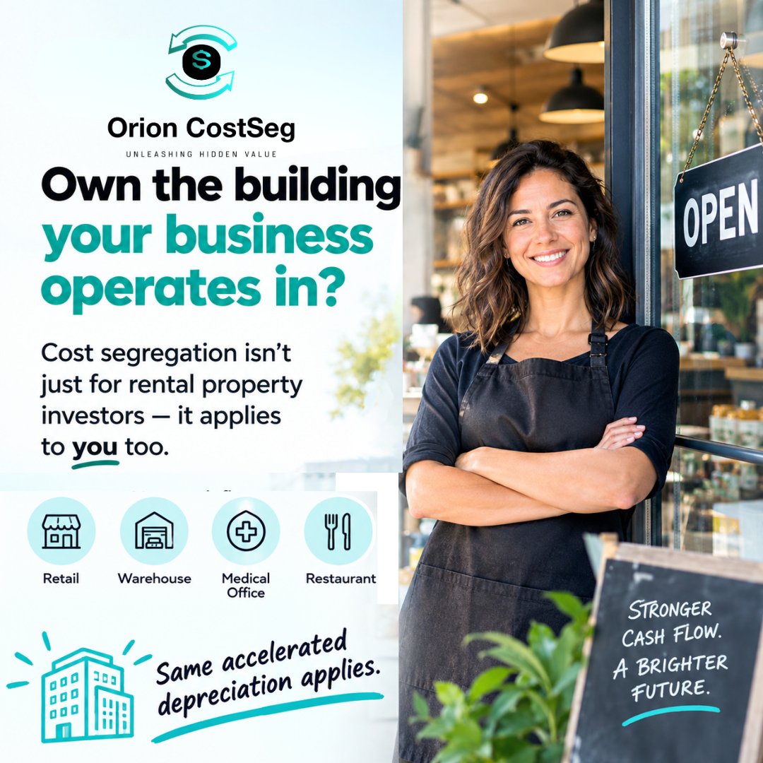 Orioncostseg's tweet photo. Own the building your business operates in? Cost segregation isn't just for rental property investors — it applies to you too.
More cash flow back into the business you're running every day.
.
.
.
.
#costsegregation #rentalproperty #business https://t.co/YvwVAUZlWj