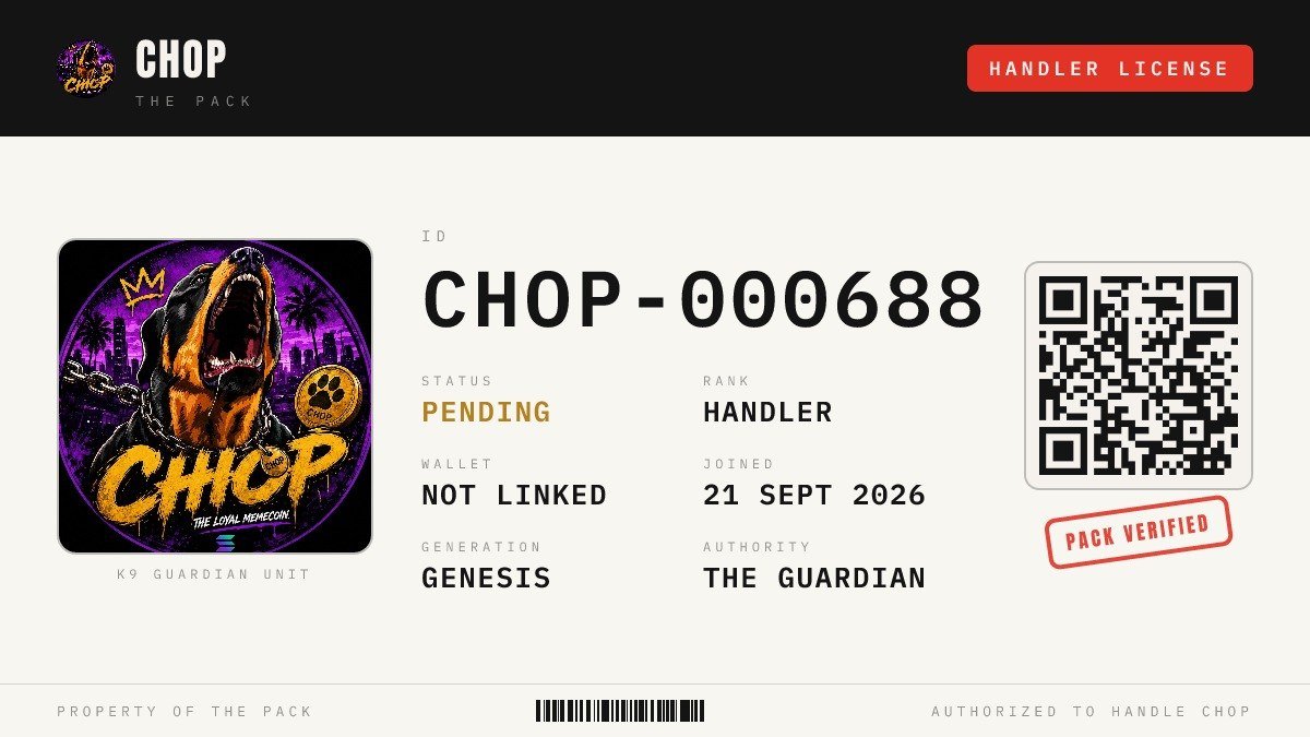 Jancokwe7's tweet photo. $CHOP is making the airdrop a community game.

$2,000 pool, handlers helping spread the Pack, and rewards shared among those taking part.

my Handler License: CHOP-000688

let’s bring more people into the Pack.
$CHOP @ChopThePack  #ChopAirdrop https://t.co/01NAah7U40