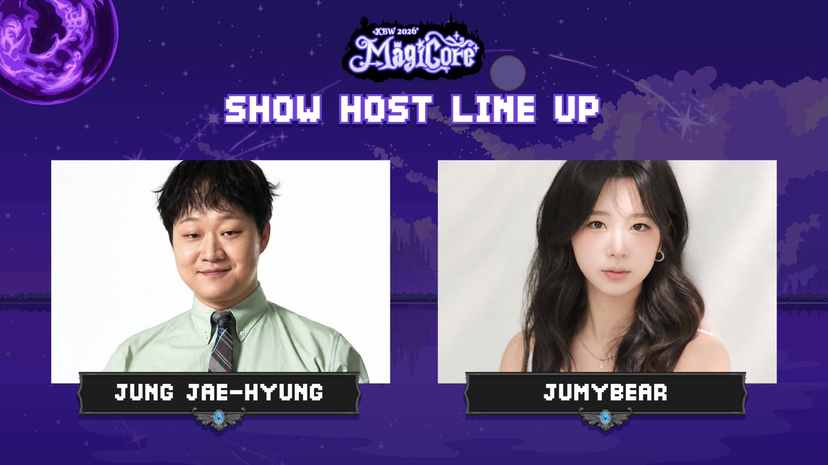 MemeCore_M's tweet photo. Meet the Hosts of MAGICORE.
We’re excited to welcome Jung Jae-hyung and Jumybear to the MAGICORE stage, bringing comedy, style, and a little extra magic to the stage.
Get ready for a show filled with unforgettable moments and endless fun!
#KBW2026 #MAGICORE #JungJaehyung #Jumybear