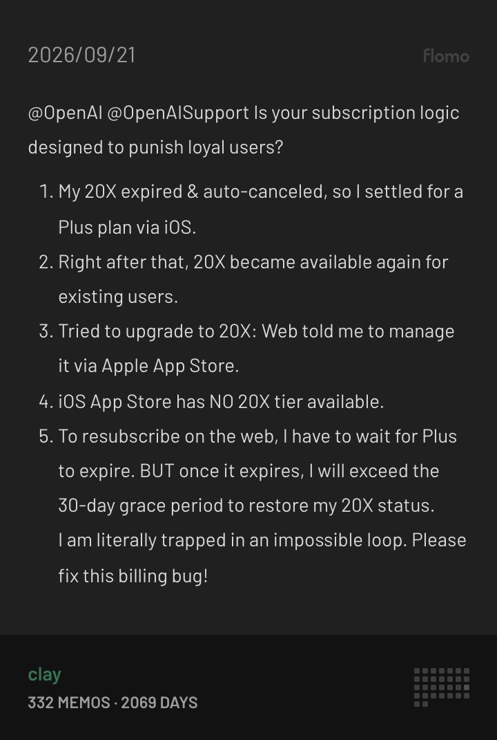 tesclays's tweet photo. Is your subscription logic designed to punish loyal users?@OpenAI @thsottiaux @sama https://t.co/tPlmdO4KBq