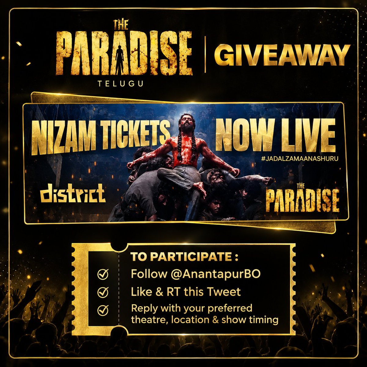 AnantapurBO's tweet photo. 🎟️ #TheParadise District App Vouchers Giveaway! 🎉
🔥 10 Lucky Followers of @AnantapurBO will be selected!
🎁 How to Participate:
✅ Retweet this post
✅ Comment below to participate
✅ Tag 3 friends who would love to join the contest
📲 District App Vouchers
@district_india @District_SS
🏆 Winners will be announced on Wednesday!
Good luck, everyone! ❤️🔥
#TheParadise #AnantapurBO #DistrictApp #Giveaway #Contest