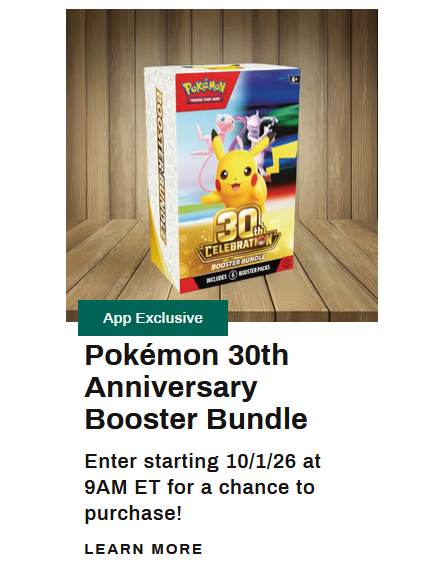 CardPurchaser's tweet photo. The current DSG app exclusive drop ends 9/22 and the 30th Celebration Booster Bundle drawing opens for entries on 10/1 https://t.co/oJRzDZFsAi