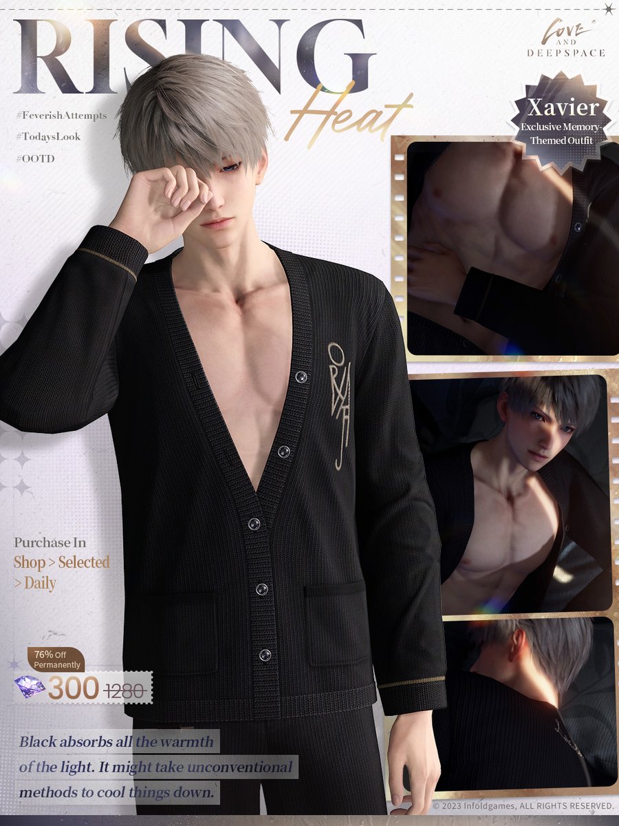 Love_Deepspace's tweet photo. His Exclusive Outfits and new Universal Facial will be permanently available!

💫His Exclusive Outfit Available at a Permanent Discount
After 05:00 on Sept. 22 (server time), purchase in Shop > Selected > Daily.
✨Xavier: Rising Heat
✨Zayne: Heartfelt Wish
✨Rafayel: Unbound Colors
✨Sylus: Healing Embrace
✨Caleb: Lazy Morning

🎁[Cherished Invite Pack] Value Outfit Pack Available at 86% off for a Limited Time
From 05:00 on Sept. 22 to 04:59 on Oct. 10 (server time), purchase all Outfits and enjoy an extra discount.
Get all 5 his new Outfits for 880 Crystals.

💫New Accessories Available: Capture the Vintage Moment with Him
✨Universal Facial: Checkered Silent Film
A gaze through the lattice, lingering into a long, silent black-and-white film.

↓See the Outfits and Accessories details in the picture. Actual effects may vary in-game.
———
🪐Official Discord: https://t.co/hKmnBAbbgu
🪐Download and Log in Now: https://t.co/bNEP8yM6bZ
#LoveandDeepspace #ANightThatNeverEnds