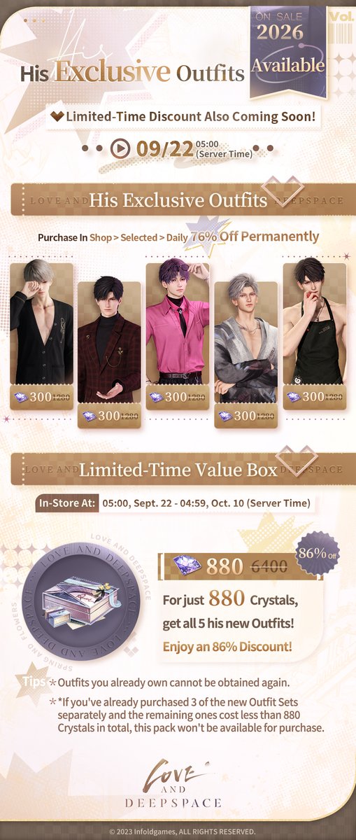 Love_Deepspace's tweet photo. His Exclusive Outfits and new Universal Facial will be permanently available!

💫His Exclusive Outfit Available at a Permanent Discount
After 05:00 on Sept. 22 (server time), purchase in Shop > Selected > Daily.
✨Xavier: Rising Heat
✨Zayne: Heartfelt Wish
✨Rafayel: Unbound Colors
✨Sylus: Healing Embrace
✨Caleb: Lazy Morning

🎁[Cherished Invite Pack] Value Outfit Pack Available at 86% off for a Limited Time
From 05:00 on Sept. 22 to 04:59 on Oct. 10 (server time), purchase all Outfits and enjoy an extra discount.
Get all 5 his new Outfits for 880 Crystals.

💫New Accessories Available: Capture the Vintage Moment with Him
✨Universal Facial: Checkered Silent Film
A gaze through the lattice, lingering into a long, silent black-and-white film.

↓See the Outfits and Accessories details in the picture. Actual effects may vary in-game.
———
🪐Official Discord: https://t.co/hKmnBAbbgu
🪐Download and Log in Now: https://t.co/bNEP8yM6bZ
#LoveandDeepspace #ANightThatNeverEnds