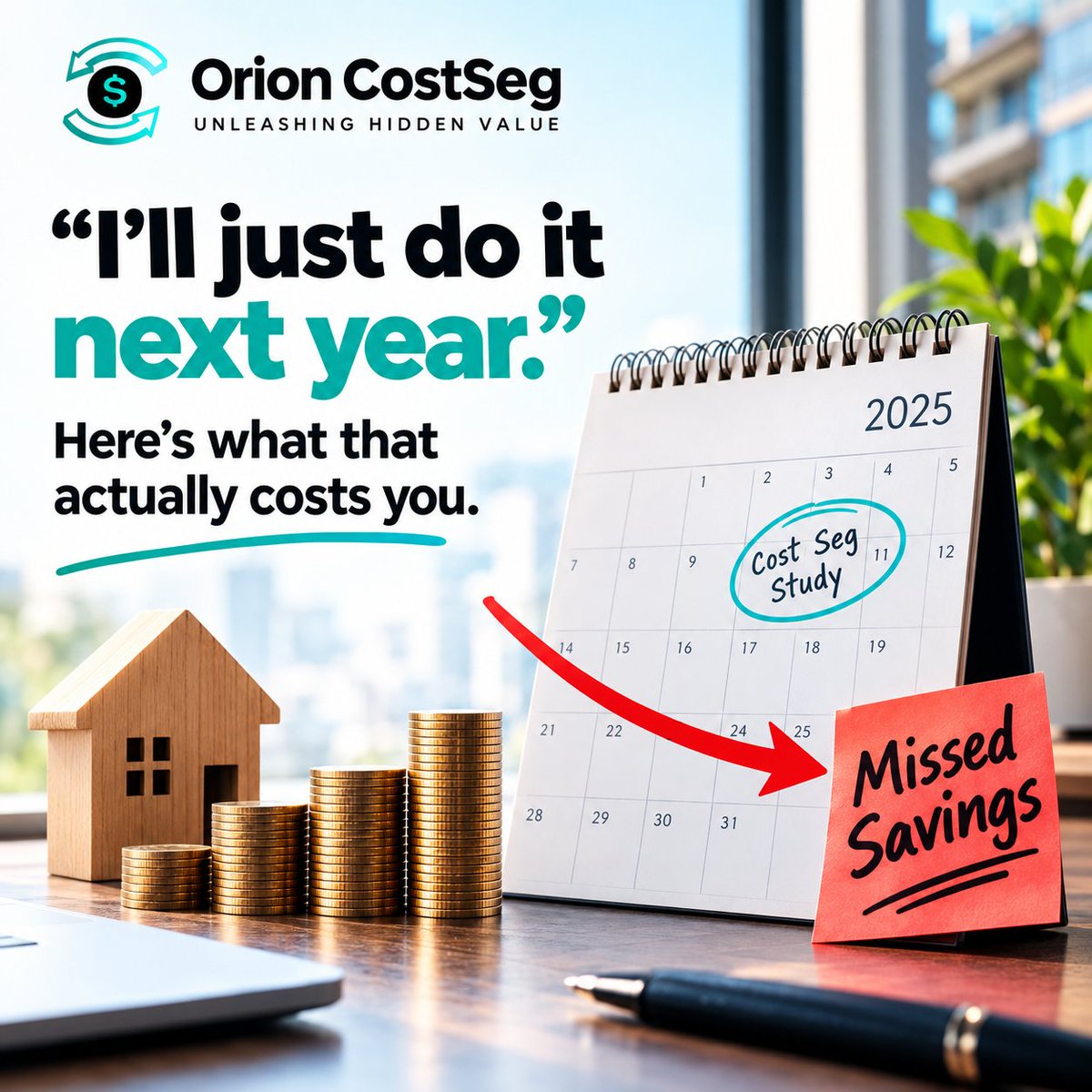 Orioncostseg's tweet photo. “I'll do a cost segregation study next year” is one of the most expensive sentences in real estate investing.
Bonus depreciation is phasing down each year, and every year you wait is a year of missed savings on a property you already own.

The sooner you start, the more you keep. https://t.co/7vujhCXfjt