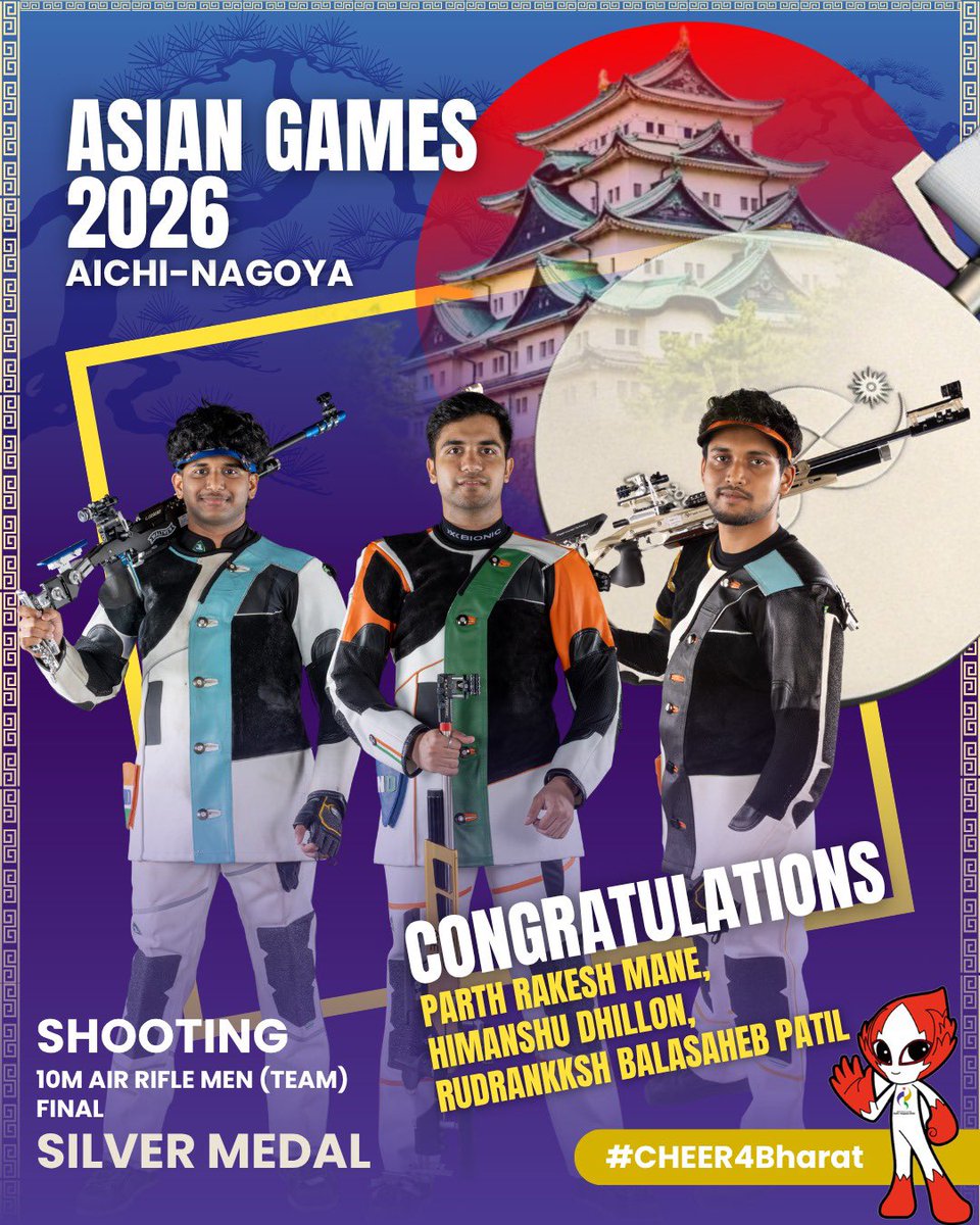 mansukhmandviya's tweet photo. Another Silver for Bharat!

Many congratulations to Rudrankksh Balasaheb Patil, Parth Rakesh Mane and Himanshu Dhillon on securing the Silver Medal in the Men’s 10m Air Rifle Team event at the #AsianGames2026.

#Cheer4Bharat https://t.co/BfOelcwHFo