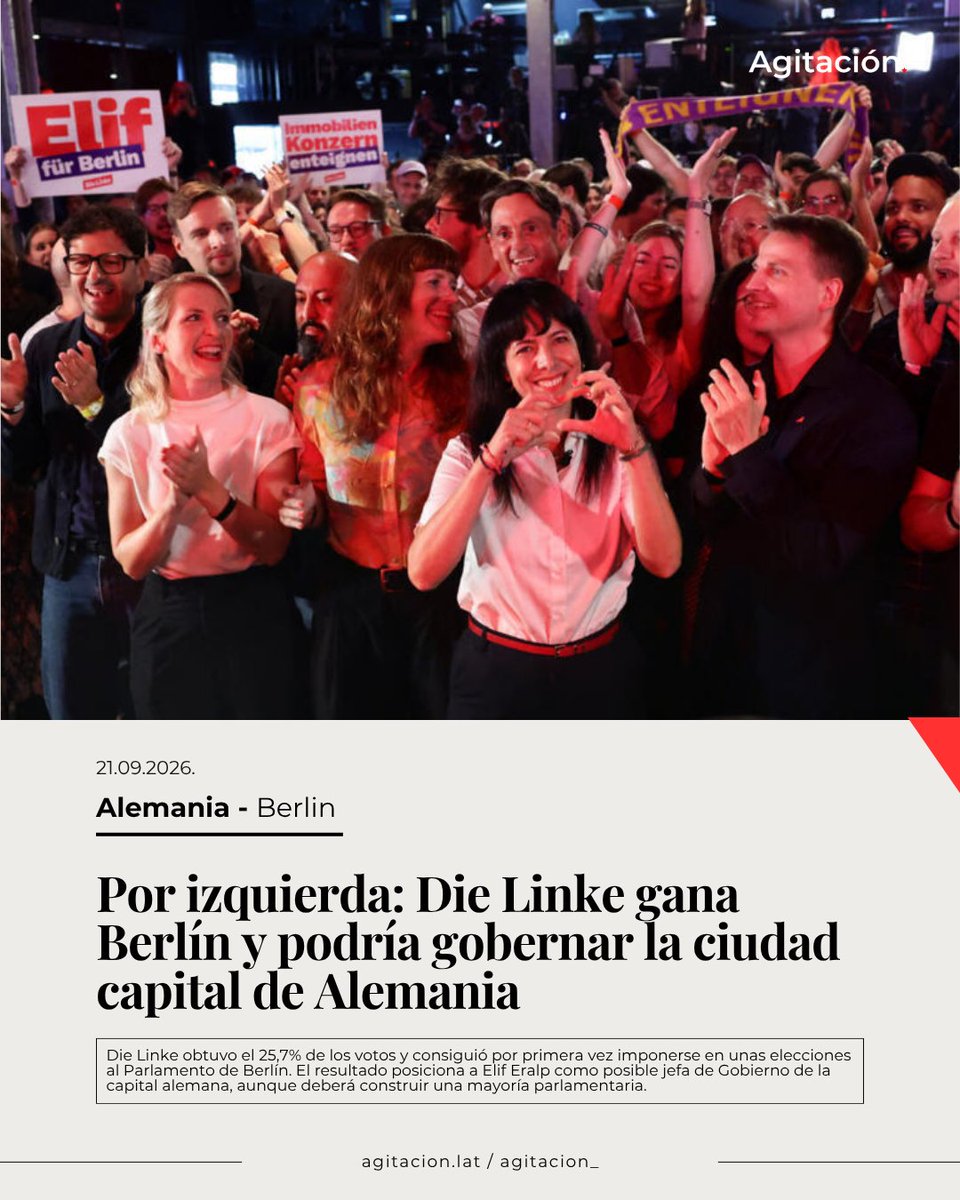 Agitacion_'s tweet photo. #Alemania 🇩🇪 | Por izquierda: Die Linke gana Berlín y podría gobernar la ciudad capital de Alemania

Die Linke fue la fuerza más votada en las elecciones regionales de Berlín con el 25,7% y la izquierda podría gobernar por primera vez la capital del país desde la reunificación. https://t.co/5Hcsn0oFgz