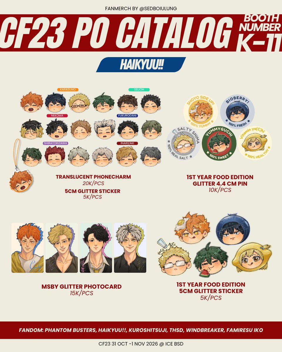sedboiulung's tweet photo. [🔄❤️ Appreciated!]

Aku gue kembali untuk #CF23

📍Lelaki Idaman Mamah (Both Days), Booth K11
🗓 21 - 24 September 2025
🛒 https://t.co/LDY1ThSbD8
📝 Phantom Busters, Haikyuu!!, Kuroshitsuji, THSD, WindBreaker, Famiresu Iko, Original

#cf23catalogue #cf23katalog #katalog

[1/2] https://t.co/7q5VMRySXH