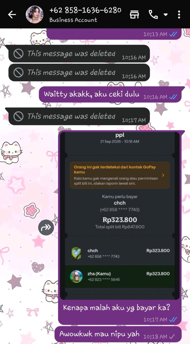 cigewine's tweet photo. Kalah cepet sm penipu alias blm sempet ss doksli udah unsent message 😔☝🏻btw ak gk kena scam yh krn gk ada duit di gopay (sad)

Inti kromboloninya adl dia nak payment lewat e wallet krn gamaw qris, tp malah ngajak split bill bjil

Nomor si peniup :
+6285816366280
085816366280 https://t.co/23RDmq4ovd