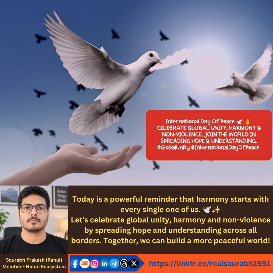 realsaurabh1991's tweet photo. Today is a powerful reminder that harmony starts with every single one of us. 🕊️✨
Let’s celebrate global unity, harmony and non-violence by spreading hope and understanding across all borders. Together, we can build a more peaceful world!
#GlobalUnity
#InternationalDayOfPeace https://t.co/1KPZDpBJOW