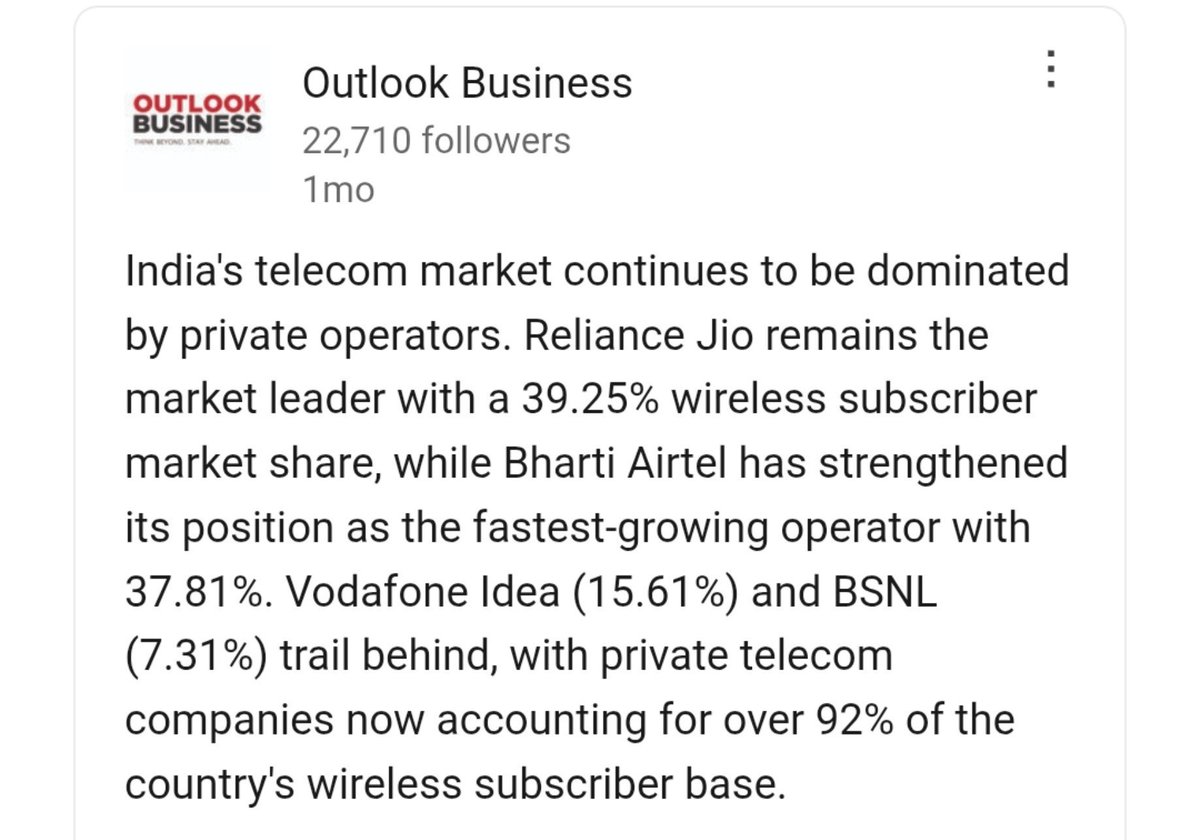 sarx_vashistha's tweet photo. @JM_Scindia विकास का संकल्प BSNL पर क्यों नहीं दिखता? TRAI के ताजा डेटा के मुताबिक टेलीकॉम मार्केट में सरकारी BSNL की हिस्सेदारी घटकर महज 7.25% रह गई है, जबकि निजी कंपनियों (Jio-Airtel) का 92% से अधिक बाजार पर कब्जा है। 4G/5G में देरी से फायदा किसे मिला, सब साफ है! #SaveBSNL #TelecomMonopoly https://t.co/th6yUY9IHi