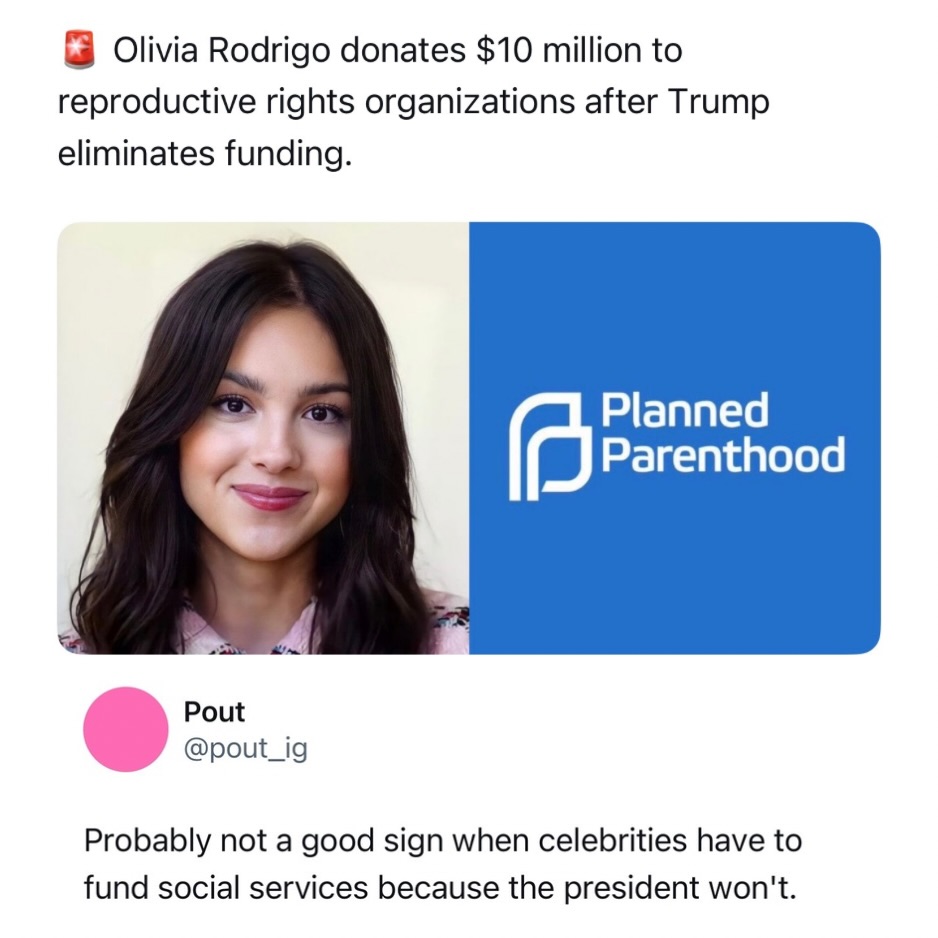 LajuanaBeneduce's tweet photo. Olivia Rodrigo is backing up her advocacy for reproductive rights with action. Through her platform and GUTS World Tour, she supports reproductive healthcare and abortion access organizations. Her $10 million commitment shows how young artists can https://t.co/iKmxzZiQTt
