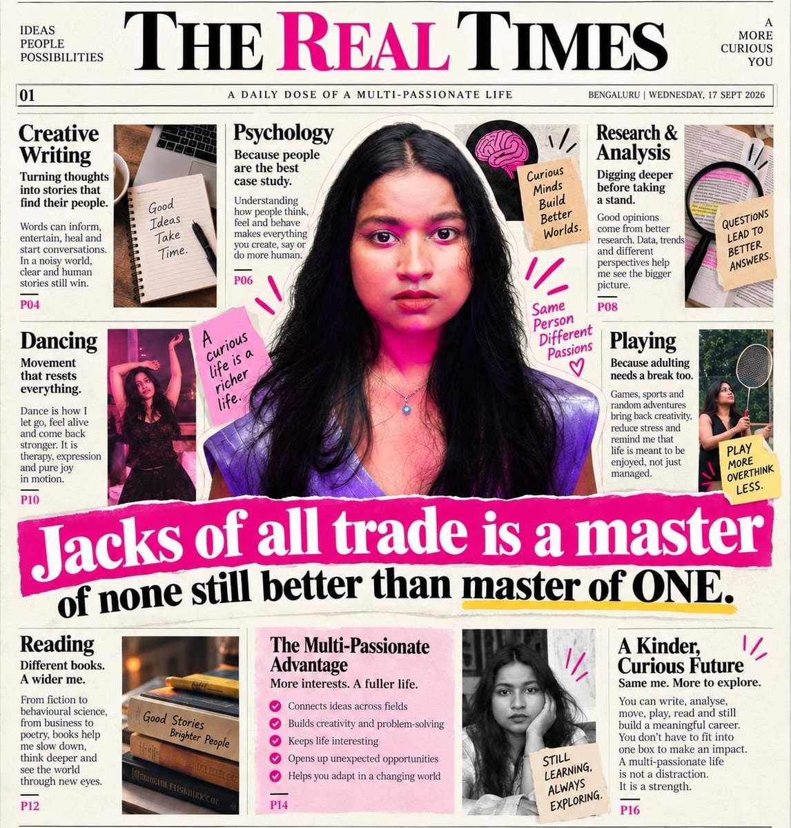 Krishna_5577's tweet photo. “Jack of all trades is a master of none, still better than a master of one.”

For years, I only knew half of it.
And I made “master of none” sound like a disappointment.

I love too many things: writing poetry, dancing, singing, running, psychology, films, books, conversations, creating.

But adulthood has a strange habit of asking us to make everything useful.

You write? Monetise it.
You run? Run a marathon.
You create? Build an audience.
You have a hobby? Make it a side hustle.

Somewhere along the way, even joy became a productivity metric.
I think that’s bullshit.

I can write poetry that never pays my bills.

Dance without anyone applauding.
Run without tracking kilometres.

Learn something I’ll never monetise.

Not everything we love needs to become an achievement.

You’re a human “being”, not a human “doing”.

Sometimes, enjoying something is purpose enough.