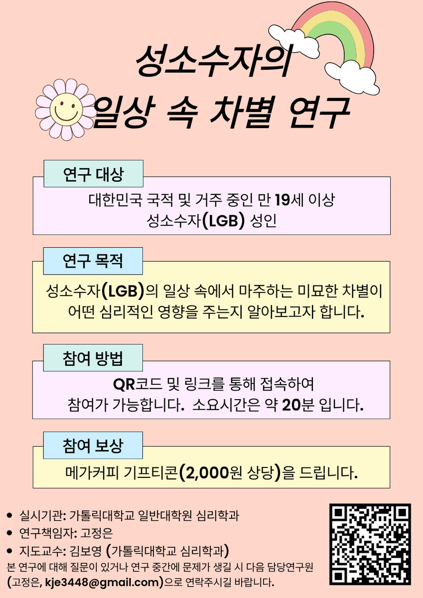 Dkpr_Mov's tweet photo. 트친동지들아
대학원생 졸업논문 함만 도와주십쇼
알티환영

-

[연구 참여자 모집]
성소수자의 일상 속 차별경험이 심리적 디스트레스에 미치는 영향에 대해서 연구하고 있습니다. 

▶️ 대상: 대한민국 거주 중인 만 19세 이상 성소수자
▶️ 방법: 하단 QR코드 스캔 혹은 링크
https://t.co/1XiHlS0JTt https://t.co/uwsSows7Fj