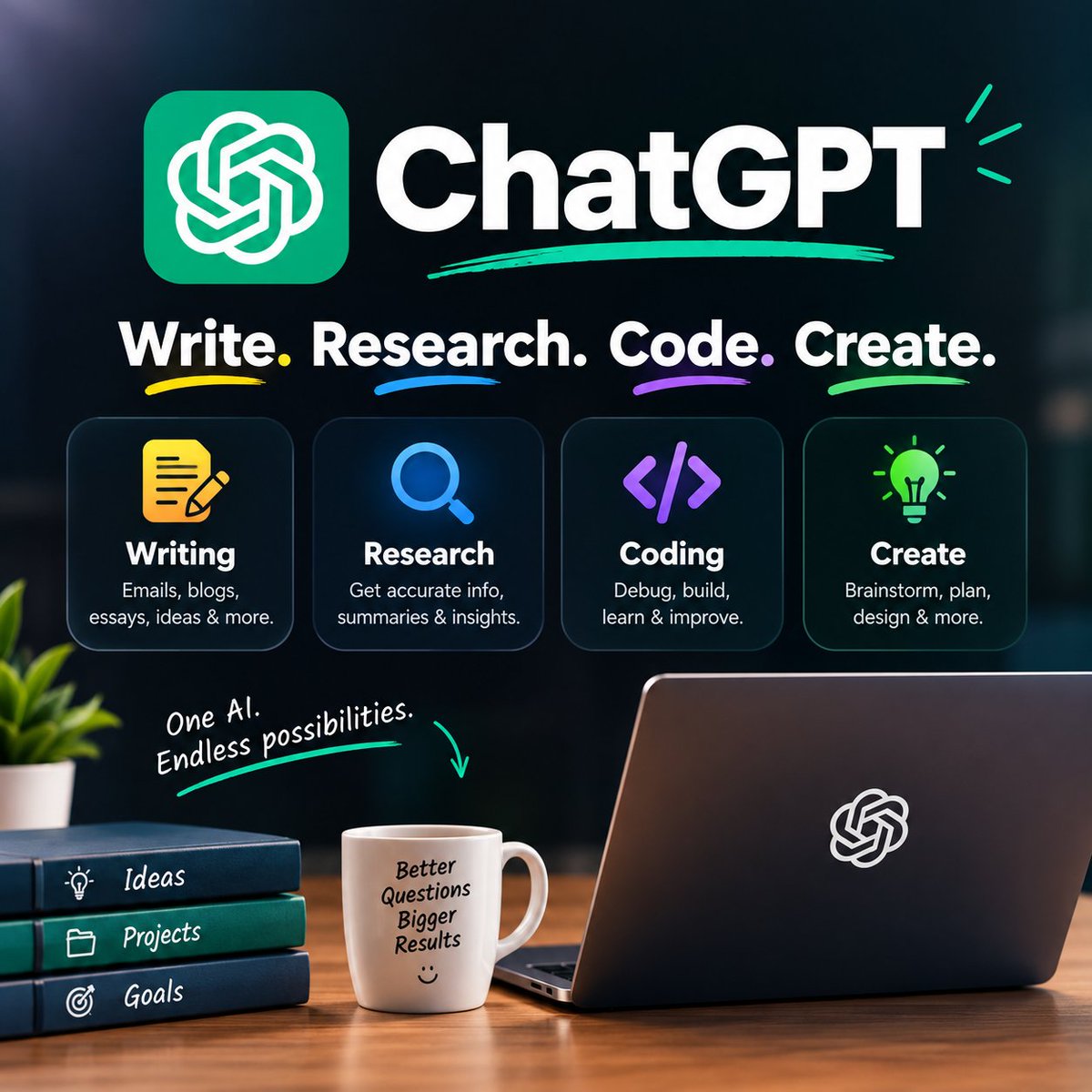 Batman_with_Ai's tweet photo. ChatGPT can do far more than just answer questions. 🤖

✍️ Write
🔎 Research
💻 Code
💡 Create

One AI. Endless possibilities.

Follow for more. 👇
 @Batman_with_Ai 🚀 https://t.co/NAOMWCKtPd