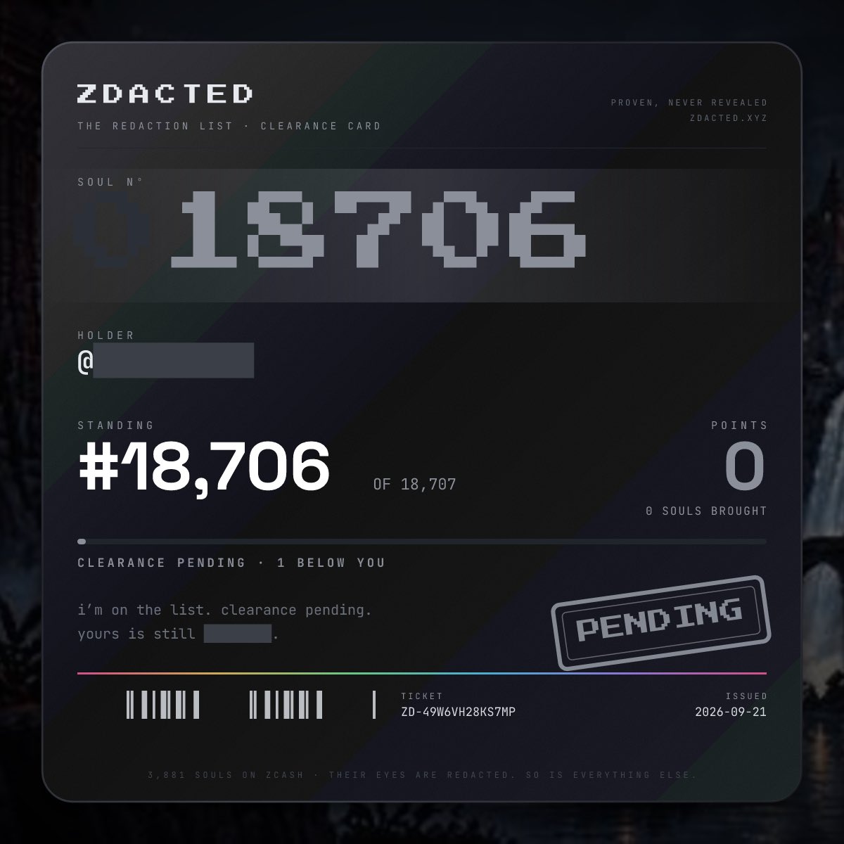 bundylasso's tweet photo. PENDING.
If you can still see this card, the list is not closed.
Reply “REDACT ME” then open this:
https://t.co/YI6CvA0xZY
#ZDACTED #Zcash https://t.co/sku6eNtrpK