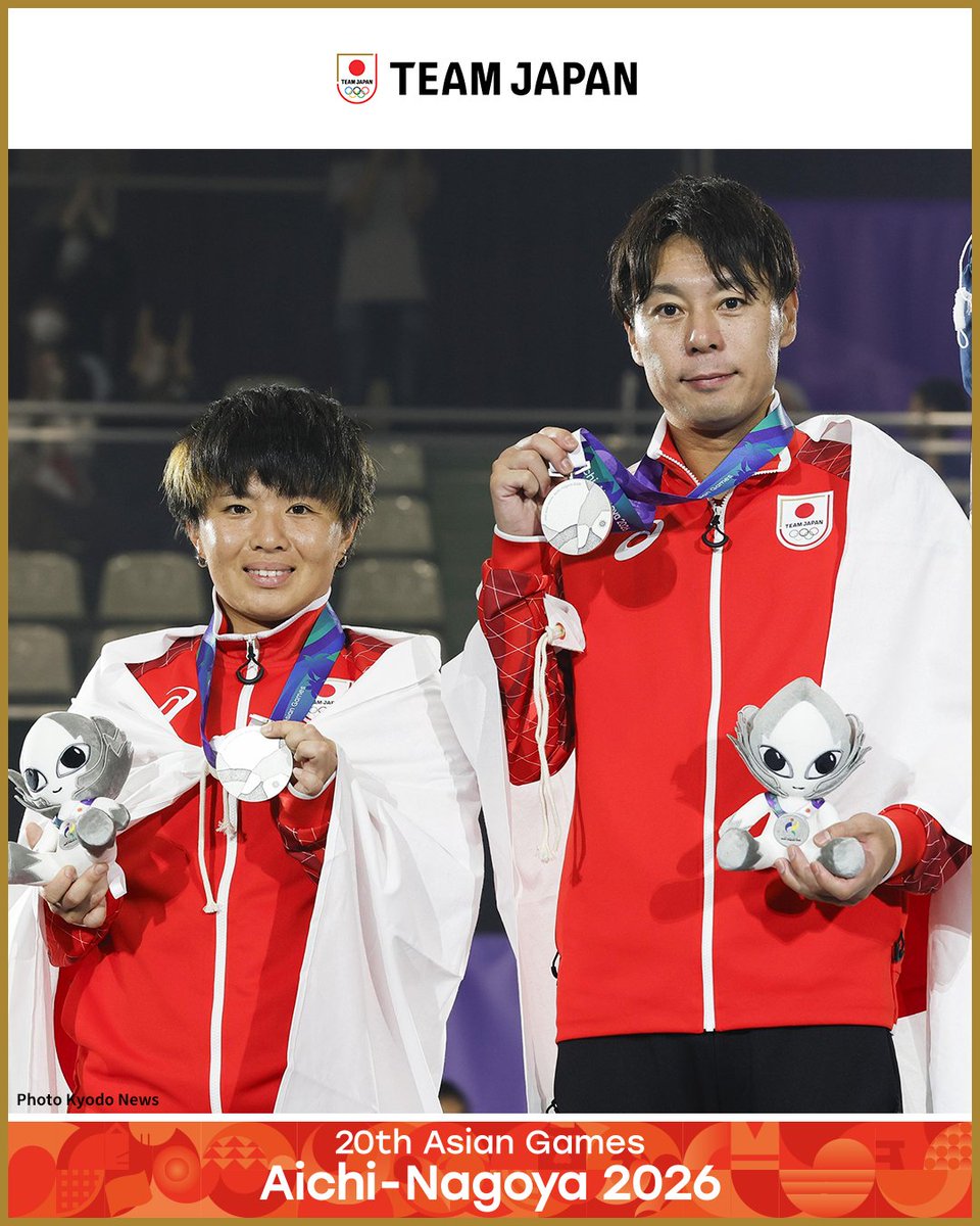 TeamJapan's tweet photo. ◤ 📸 TEAM JAPAN Shots #愛知名古屋2026 ◢

⚽️テックボール
混合ダブルス

2位 早稲昭範 選手／坂本唯那 選手 🥈

新競技テックボールで2つ目のメダル！✨
早稲昭範 選手／坂本唯那 選手ペアが銀メダルを獲得しました🥈👏

@teqball_japan
#TEAMJAPAN #ともに一歩踏み出す勇気を

愛知・名古屋アジア大会はTBS ▶︎ @TBS_TV_S1