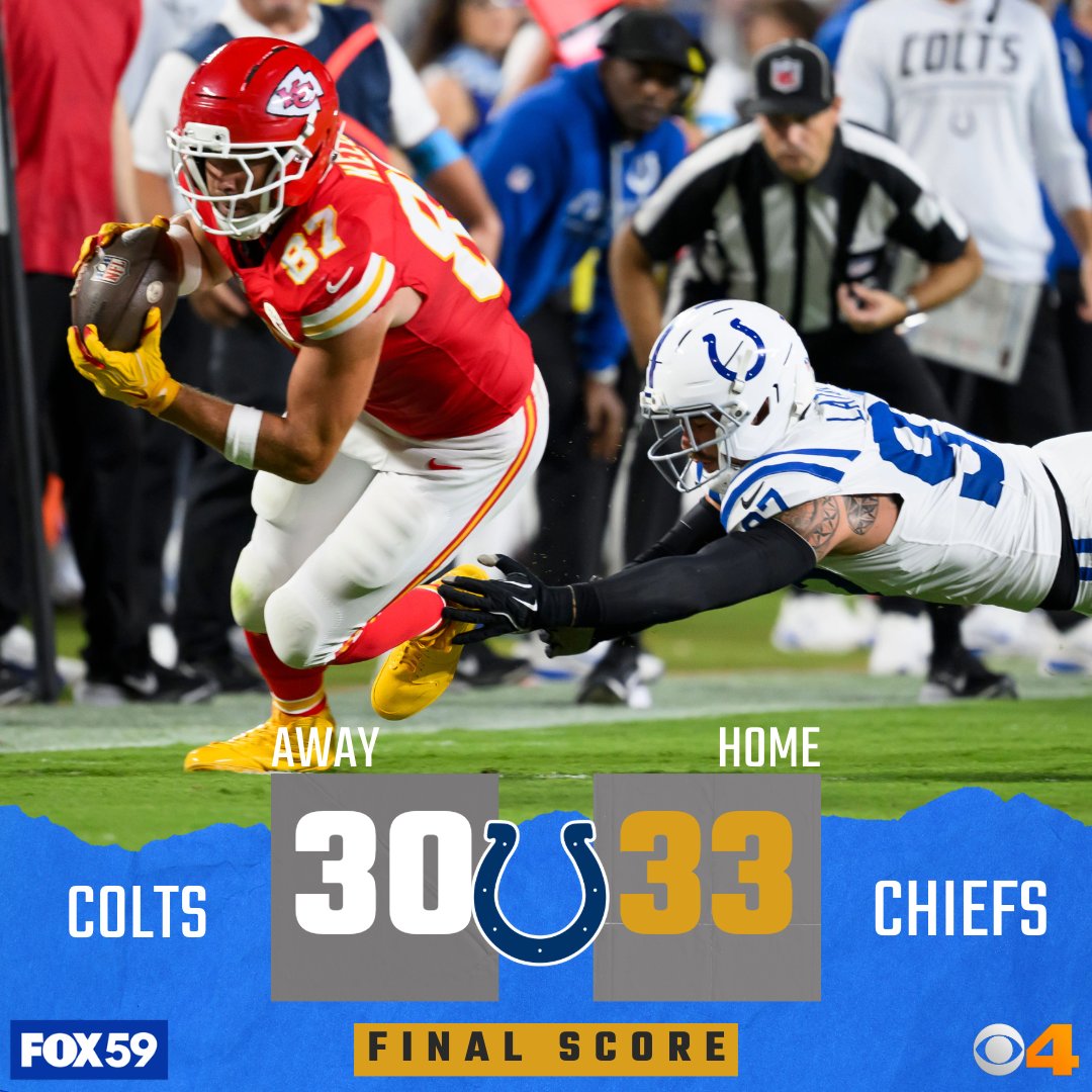 FOX59's tweet photo. The Colts fall to 0-2 on the season after a 33-30 loss to the Chiefs in overtime Sunday night.

MORE: https://t.co/PxcYGfSmeP https://t.co/pEGB5aYrF0