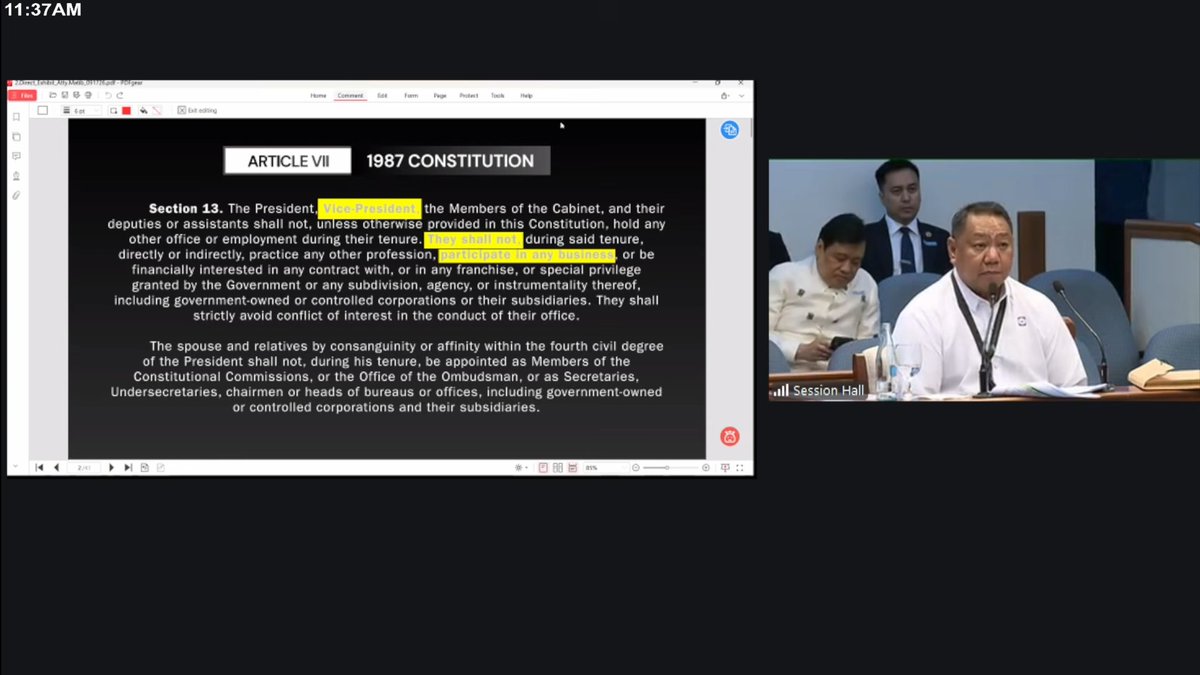 ABSCBNNews's tweet photo. Prosecution counsel Atty. Erwin Matib asks SEC director Gerardo del Rosario if a Vice President is allowed to be a member of the board of directors of a certain company.  

According to Del Rosario, the Constitution says that the President, Vice President, Cabinet members and their deputies and assistants cannot have business interests to avoid conflict of interest. #VPOnTrial | via @victoriatulad
