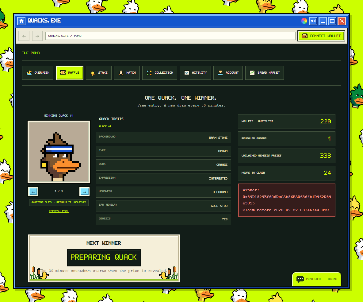 QuacksRH's tweet photo. QUACKS winner: Genesis #4
0x89D1829Ef606DcCAb86EA06364b1D962D89e5015
Claim before 2026-09-22 03:46:44 UTC. Mint costs gas only.
https://t.co/8RWPJt4o6w https://t.co/1iAOb37vjx