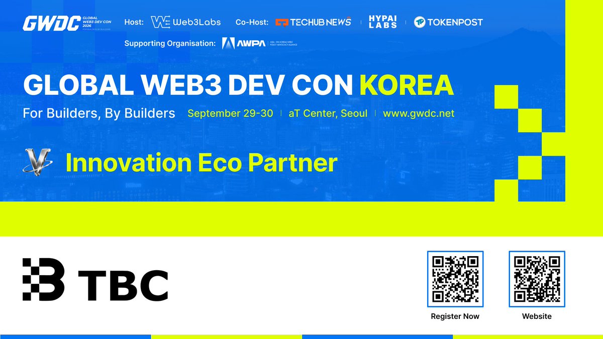 Web3Labs_Club's tweet photo. 【#GWDC 2026 KOREA】PARTNER ANNOUNCEMENT 🚀

We are thrilled to announce that TBC joins "GWDC 2026 KOREA" as our official Innovation Partner.

TBC (TuringBitChain) @TBCnetwork_ is a Bitcoin UTXO-based Layer 1 using SHA-256 PoW. Its BVM enables Turing-complete smart contracts and inheritable contracts via OP_PUSH_META, OP_PARTIAL_HASH, and layered TXIDs. Built for tokenization, AI agents, and micropayments, it scales blocks toward GB size with lower fees as usage grows. TBC is the native asset for transfers and fees—not an AMM pool token.

On September 29–30 at the aT Center, Seoul, TBC will join government officials, business leaders, industry experts, and developers to share forward-looking insights and co-shape the future paradigm of Web3 and AI.

🎟 Registration: https://t.co/HiqQLI5I11 
🌐 Official Website: https://t.co/x0zjpAiO0v 
📄 Event Sponsorship: https://t.co/hjEAfDYLFV

---

【#GWDC 2026 KOREA 】PARTNER 重磅宣布🚀

我们很高兴宣布 TBC | 创新合作伙伴 (Innovation Partner) 正式加入「GWDC 2026 KOREA」。

TBC（TuringBitChain）@TBCnetwork_ 是一条基于比特币 UTXO 模型的 Layer 1 公链，采用与比特币同源的 SHA256 PoW 共识。它首创 BVM（比特币虚拟机），在 UTXO 模型上实现图灵完备智能合约，并通过 OP_PUSH_META、OP_PARTIAL_HASH 与分层 TXID 支持「可遗传契约」。TBC 面向资产代币化、AI Agent 与机器人经济，目标以可编程货币承载高频微支付与条件结算；区块可向 GB 级扩展，用户越多、单位手续费越低。TBC 为网络原生资产，用于网络内价值转移与手续费支付，而非链上 AMM 资金池代币。 

9月29-30日｜首尔 aT Center，TBC 将与政商领袖、行业从业者与开发者齐聚大会分享前沿洞察，共塑 Web3 与 AI 的未来范式。

🎟 门票申请：https://t.co/HiqQLI5I11 
🌐 大会官网：https://t.co/x0zjpAiO0v 
📄 活动赞助：https://t.co/hjEAfDYLFV