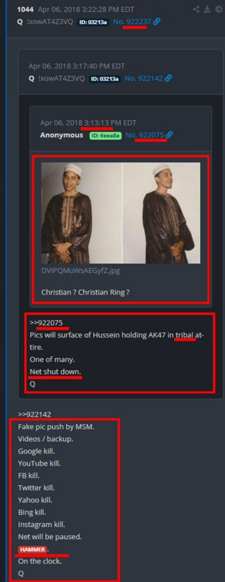 XFamily369's tweet photo. Q 1044
Fake pic push by MSM.
Videos / backup.
Google kill.
YouTube kill.
FB kill.
Twitter kill.
Yahoo kill.
Bing kill.
Instagram kill.
Net will be paused.
HAMMER.
On the clock.
Q

922075
➡️ 9/22? https://t.co/5kQ36bDZyf