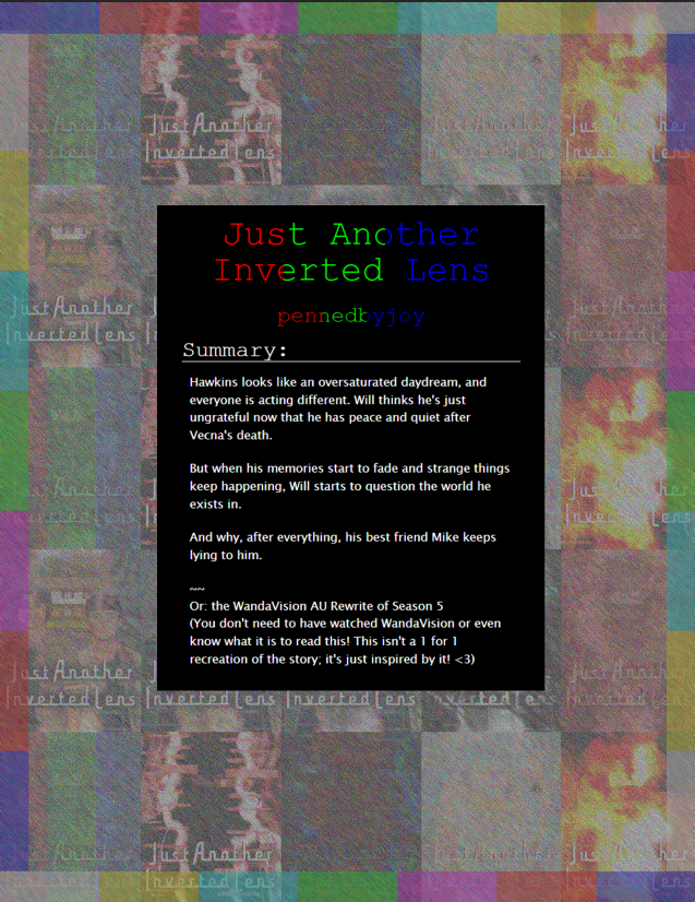 pennedbyjoy's tweet photo. retpahc neves : tontahw
tsuJ rehtonA detrevnI sneL

▸explicit
▸93k, 7/?
▸season 5 wandavision rewrite, interactive fiction, too many movie/book/music references

https://t.co/P5ChHMNtmS https://t.co/EXZgZ9z2at